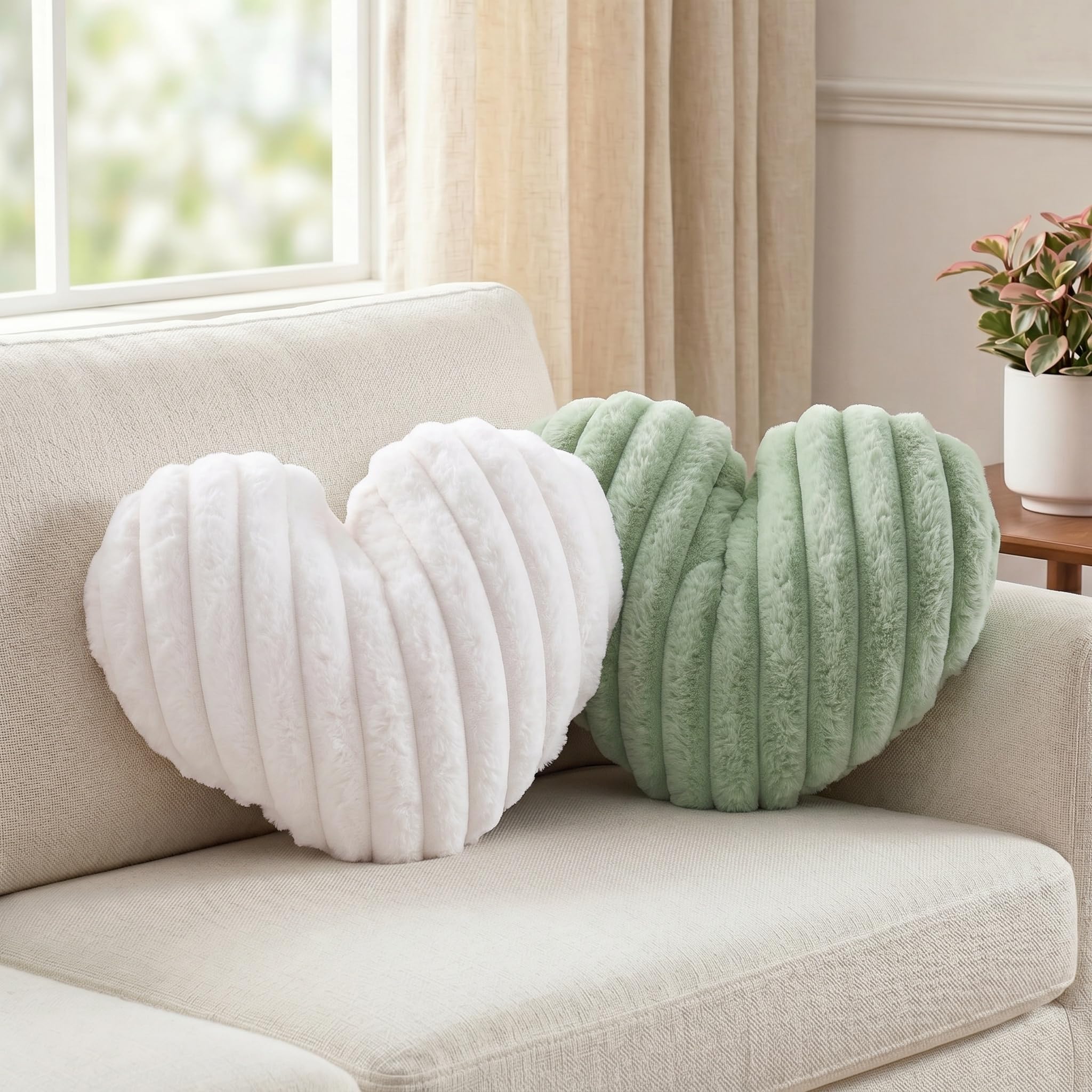 2 Pack Heart Pillow White Green Cushions Soft Decorative Throw Pillows