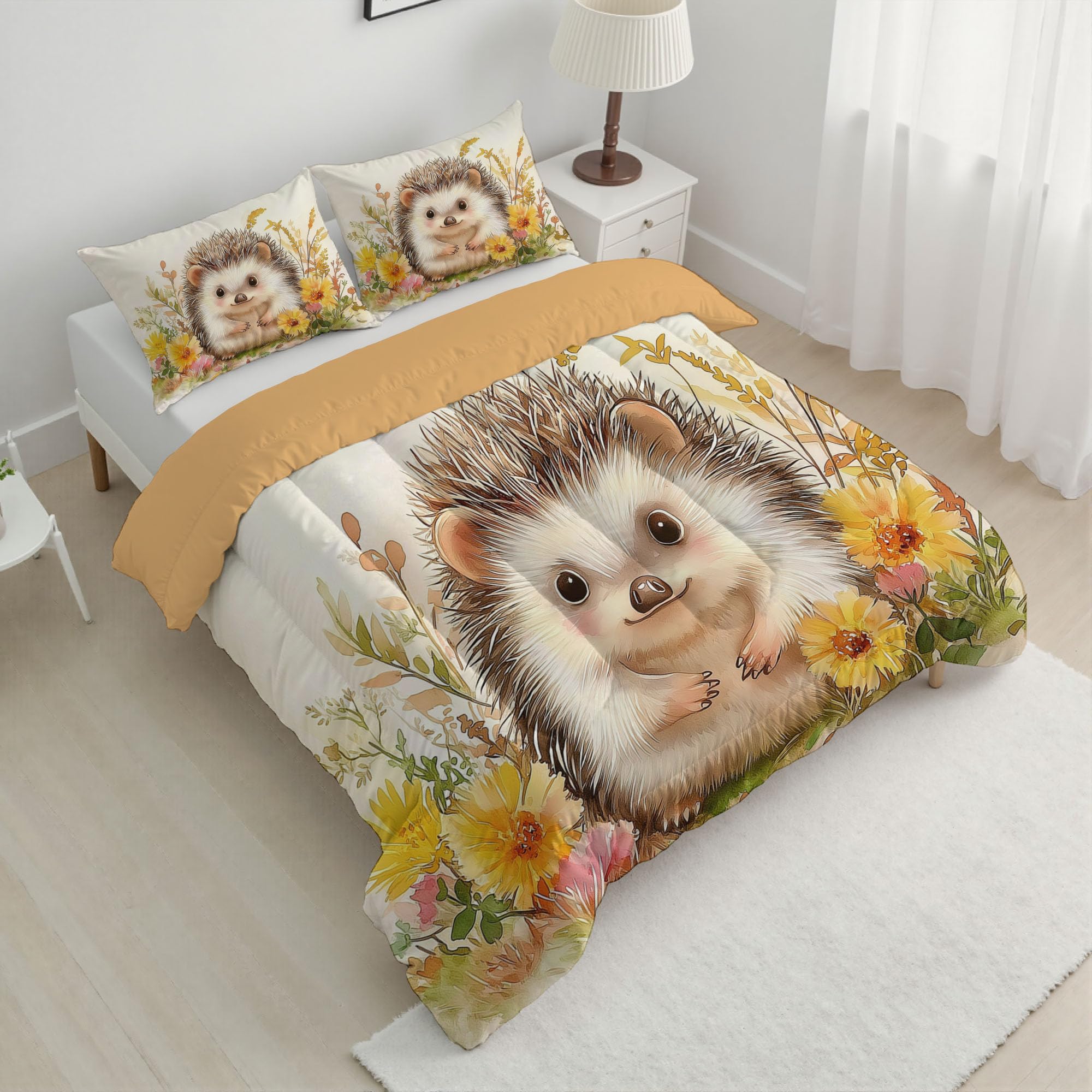 Trapunta Invernale in Ecopiuma, 240x220cm Set Piumone Illustrazioni Per Bambini Imbottita 200 gr/mq Caldo e Morbido Piumino Trapuntato Fiore Di Riccio Coperta Letto Reversibile per 4 Stagioni, Marrone