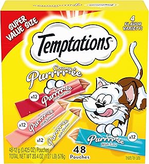 Temptations Creamy Puree with Beef Liver, Salmon, Chicken, and Tuna Variety Pack of Lickable, Squeezable Cat Treats, 0.42oz Pouches, 48 Count Variety Pack