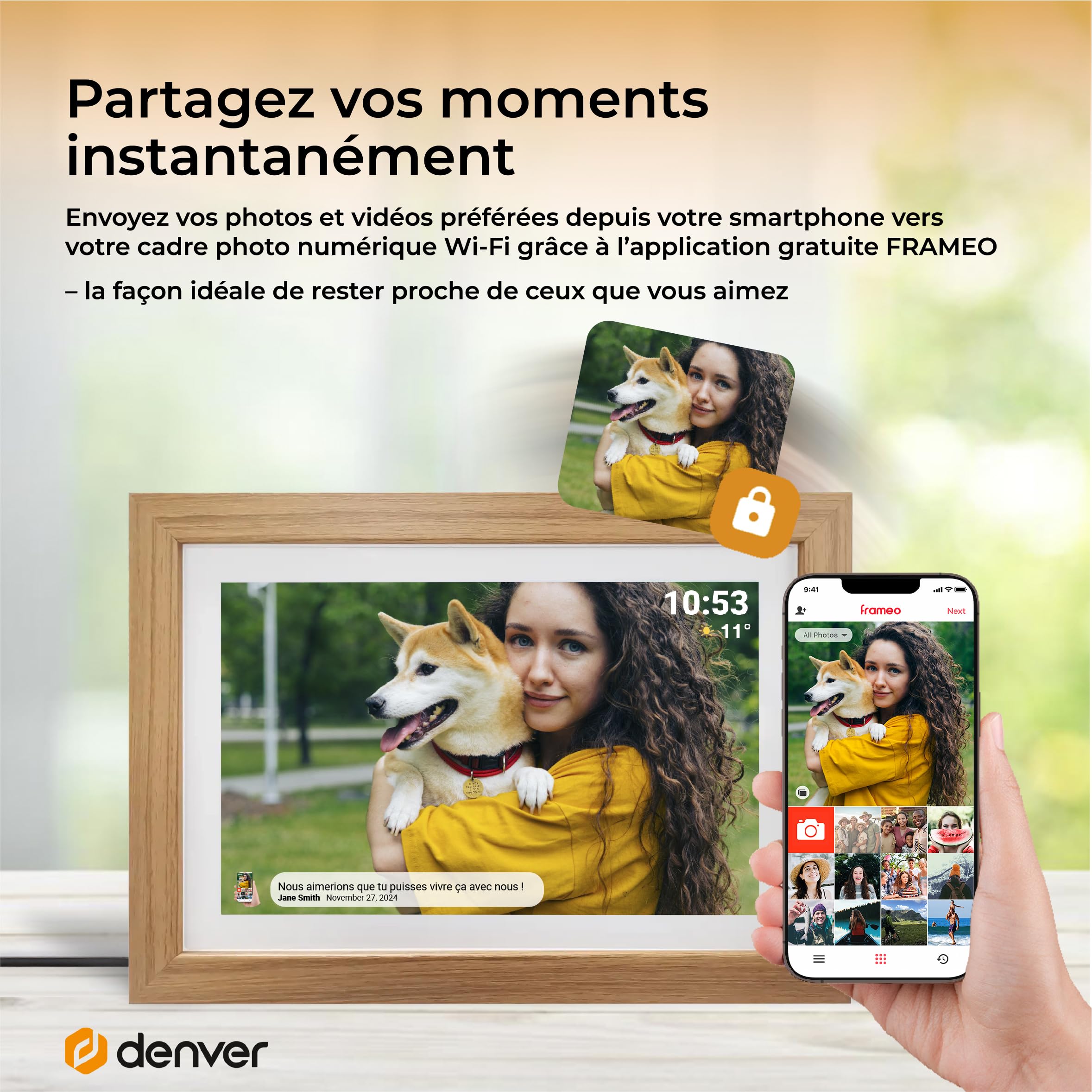 Denver PFF-1042LW Cadre Photo numérique Wi-FI FRAMEO 10,1 Pouces, écran Tactile IPS 1280 x 800, mémoire 16 Go, Application iOS/Android, Bois Clair