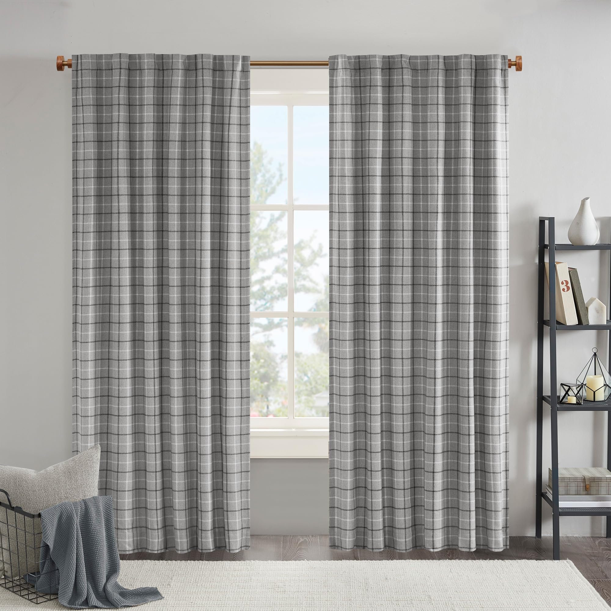 Madison Park Plaid Window Curtain Thermal Insulated, 1 Panel, 50x84 Grey