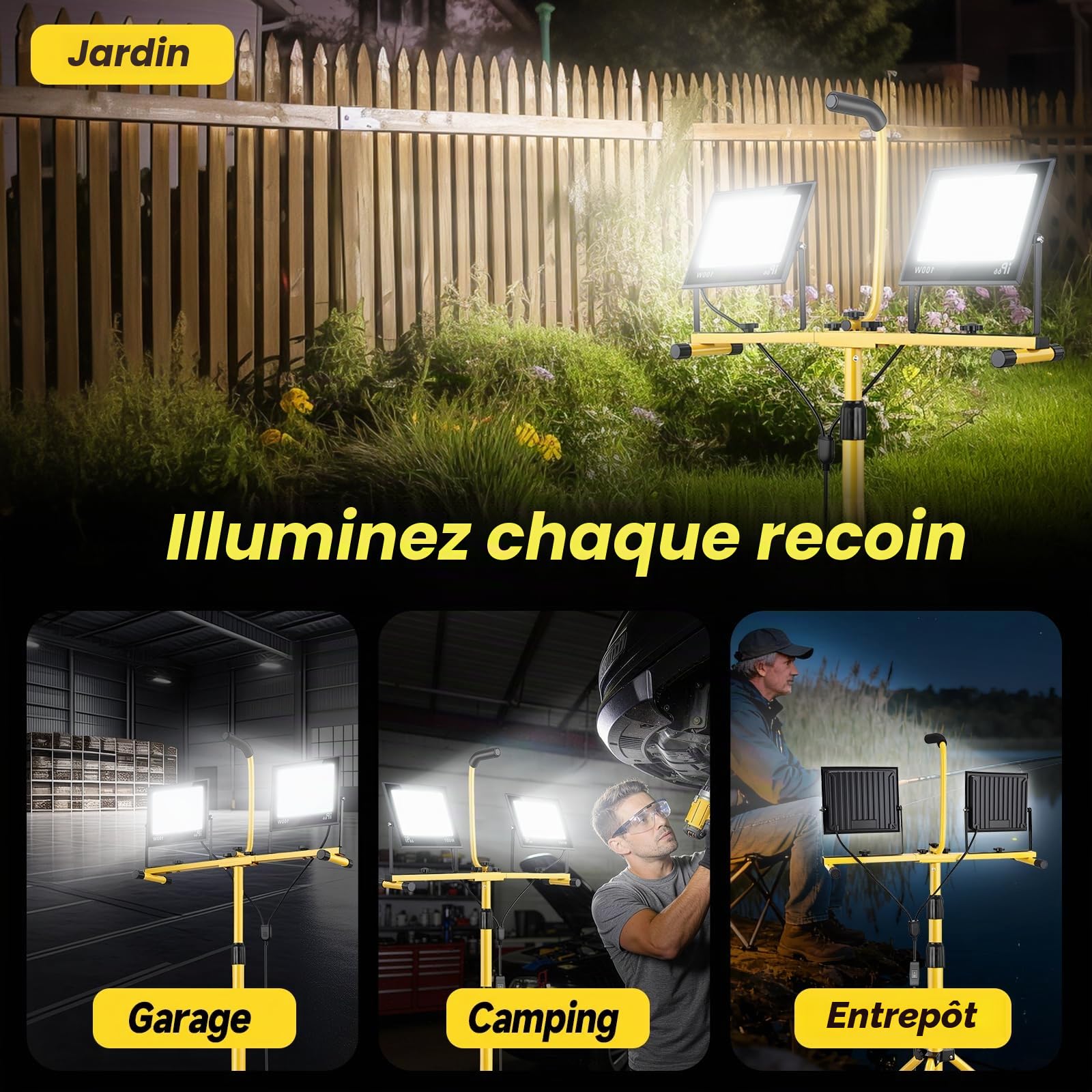 Projecteur de Chantier LED sur Trépieds, 200W 15000LM Lampe Chantier, Pivotante à 360° | Étanche IP66 | Câble 3M | Réglable en Hauteur de 65 à 160 cm pour Atelier, Chantier, Garage