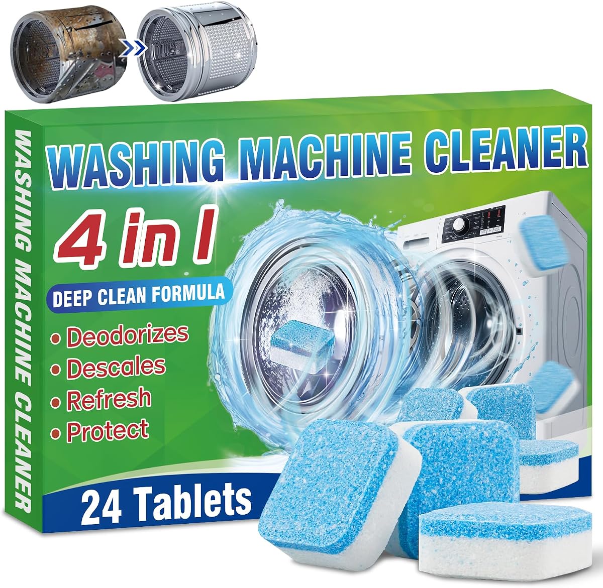 Washing Machine Cleaner Tablet, 24 Tablets Laundry Descaler for HE, Top Load & Front Load Washer Cleaner, Highly Efficient Deodorizer Deep Clean Inside Drum and Laundry Tub Seal