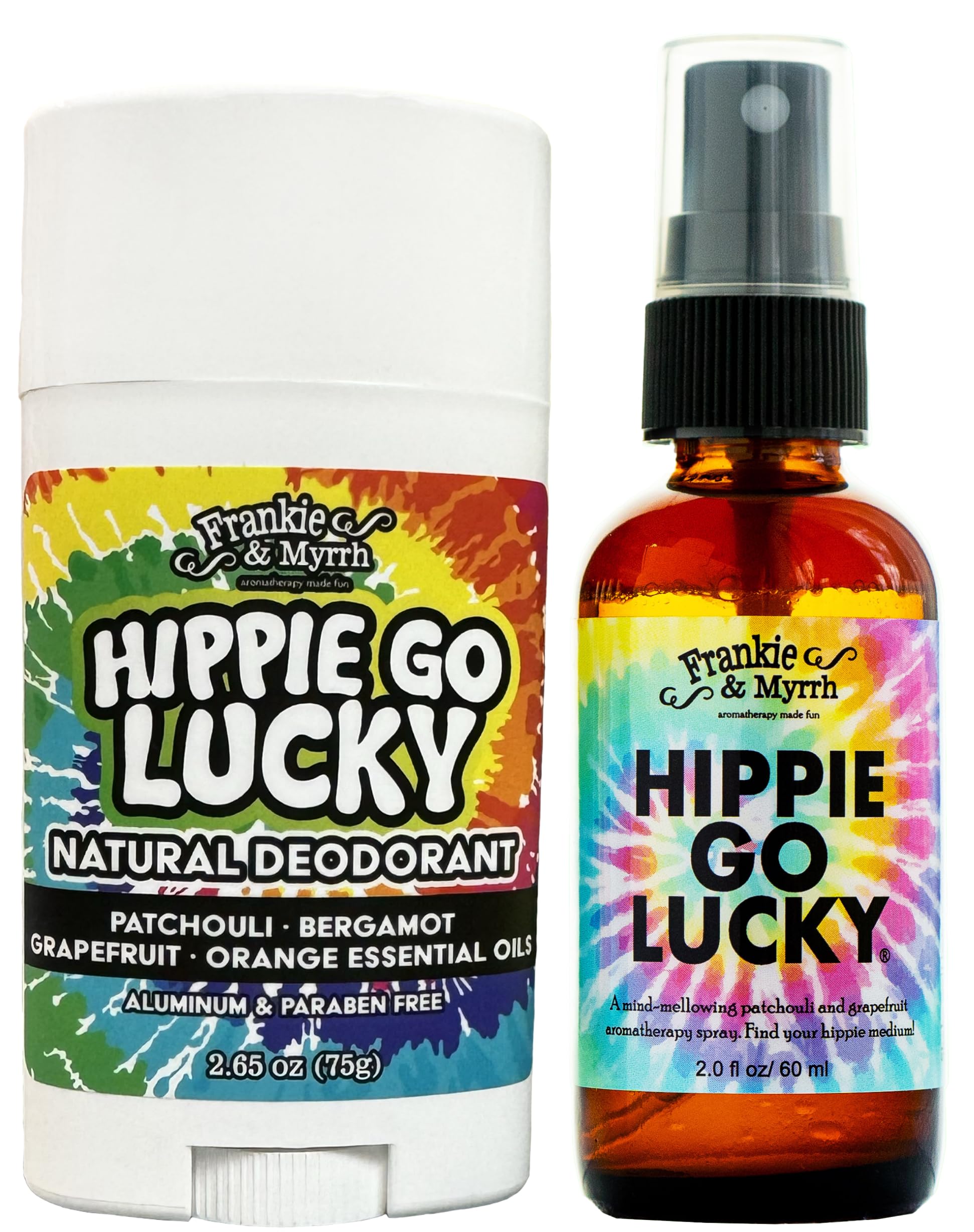 Frankie & Myrrh Hippie Combo Spray and Deodorant Pack | Freshwater Patchouli Mist 2 Fl Oz & Natural Deodorant 2.65 Oz | Packed with Fun Extras