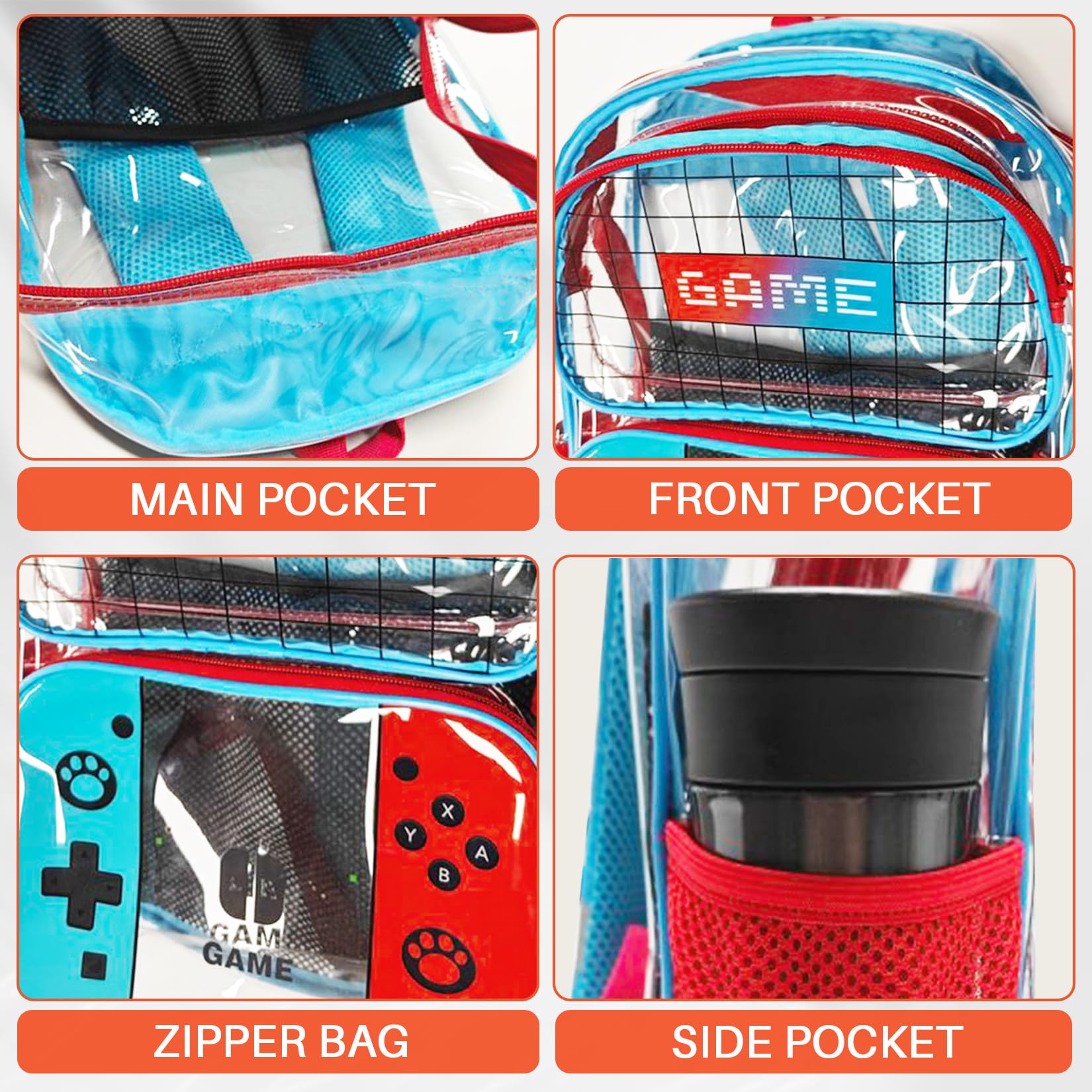 JIRAIKEI Kids Clear Backpack for Boys - Gamer Boys Clear Backpacks for School,Heavy Duty PVC Transparent Bookbag with Multiple Pockets - Large Capacity See Through Bookbag for Stadium Events