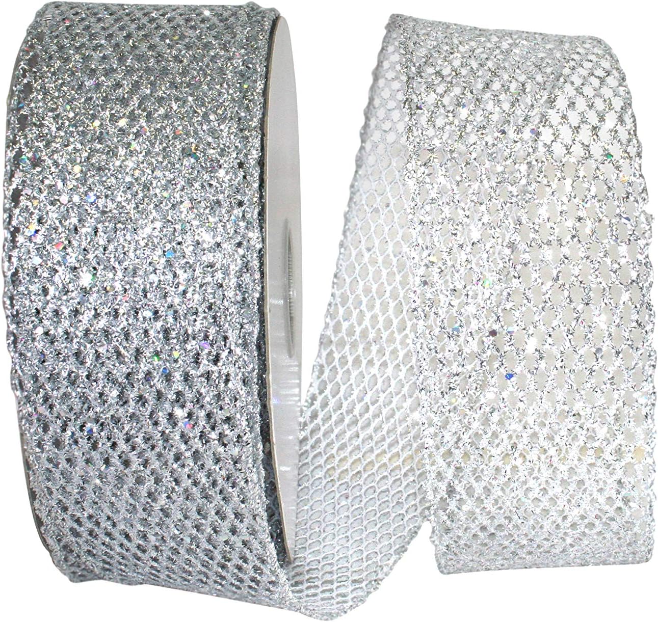 Reliant Ribbon Grand Net Glitter Wired Edge Ribbon, 2-1/2 Inch X 25 Yards, Silver