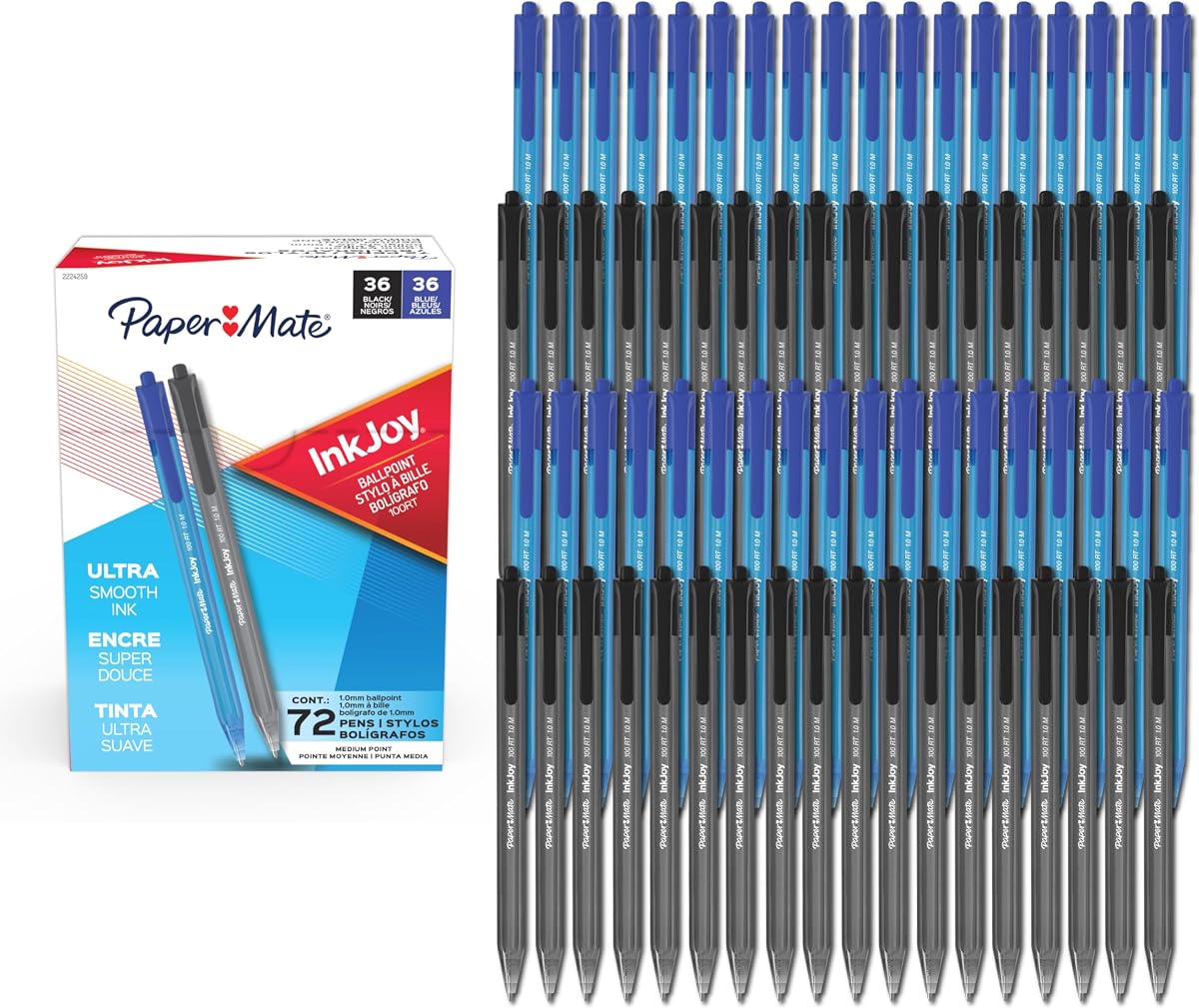 Bolígrafos Paper Mate InkJoy 100RT, punta media (1,0 mm), tinta negra y azul, 72 unidades, paquete a granel para la escuela, el hogar, la oficina, la universidad, la toma de notas