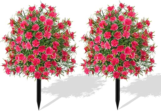 Set of 2 Artificial Boxwood Topiary Ball Trees for Outdoor, 21 Inch Faux Shrub Bushes with Ground Spike, UV Resistant Artificial Plants for Indoor, Garden, Porch, Patio Decor Red