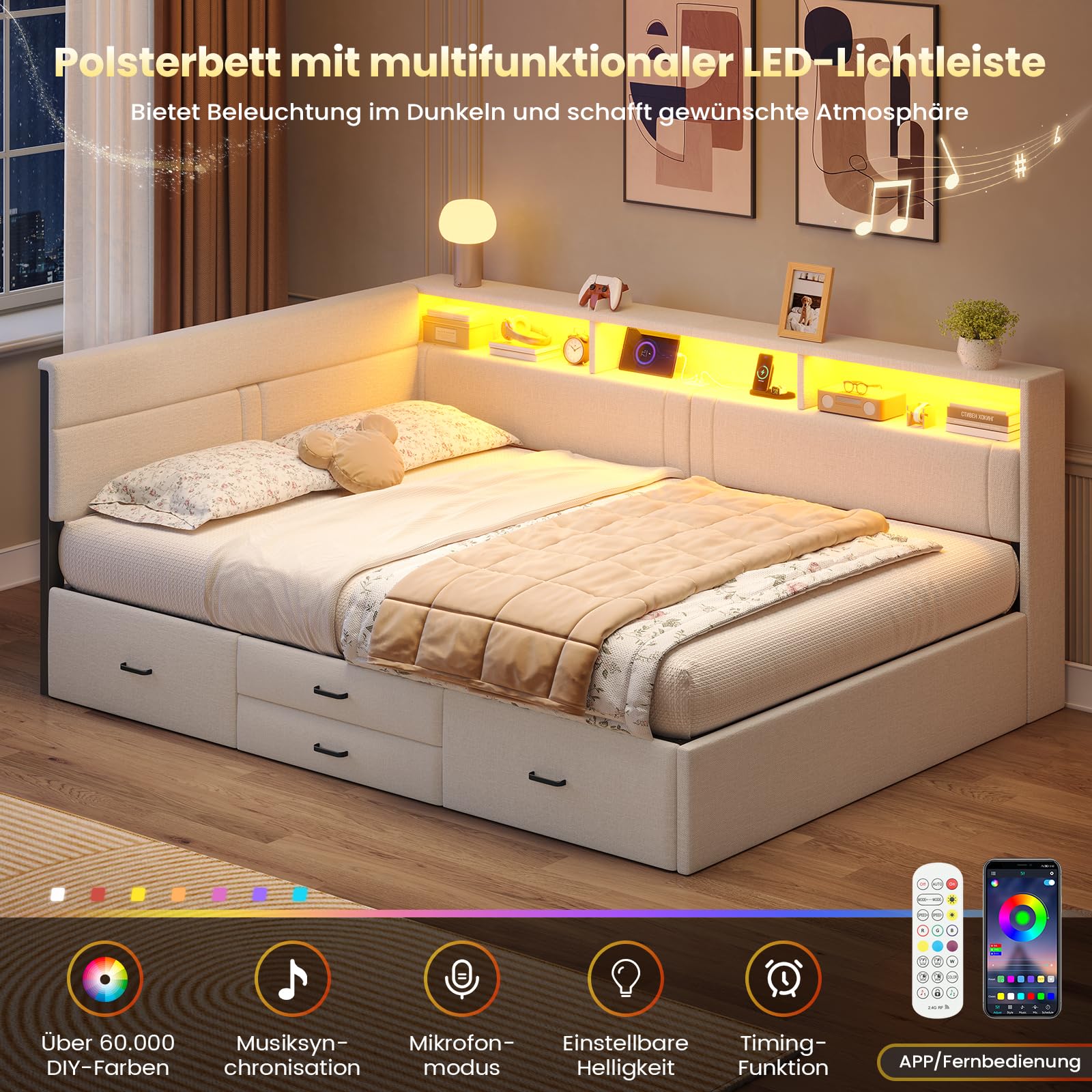 AOGLLATI Polsterbett Schlafsofa 140x200, Doppelbett mit LED-Beleuchtung & Ladestation, Betten 140x200 mit 4 Schubladen und Lattenrost aus Metall, Jugendbett Tagesbett, Leinen Beige (ohne Matratze)