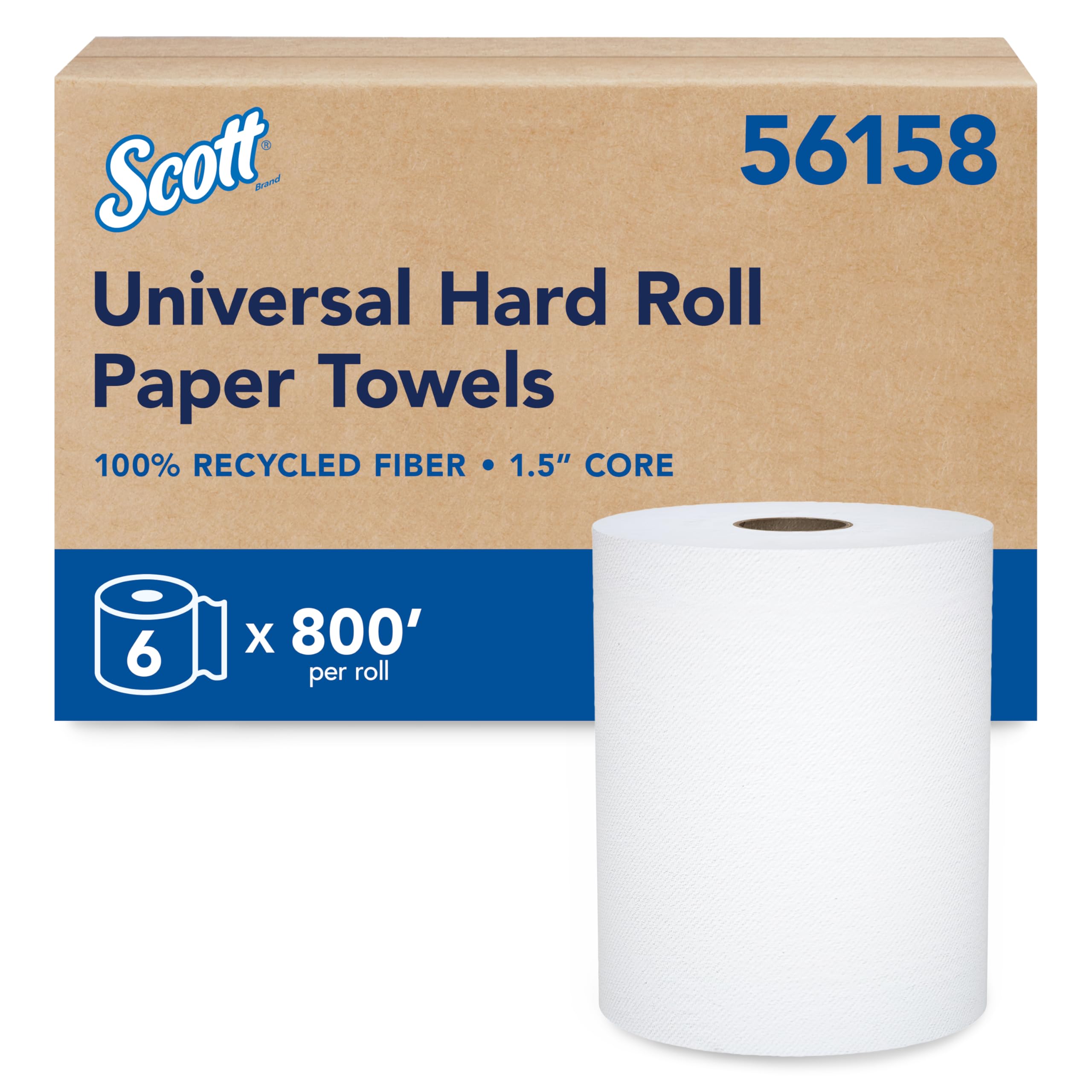 Scott® Asciugamani di carta universali, 100% fibra riciclata, sfusa (56158), nucleo da 1,5 pollici, con tasche assorbenti, colore bianco (800 '/rotolo, 6 rotoli/custodia, 4.800'/scatola)