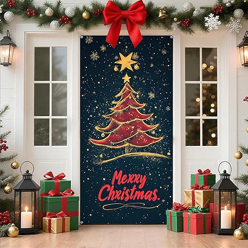 Miniatura 21 de Cubierta de Puerta de Navidad Papá Noel Muñeco de Nieve Árbol de Navidad Corona Pancarta Decoración de Vacaciones de Invierno para Puerta Principal