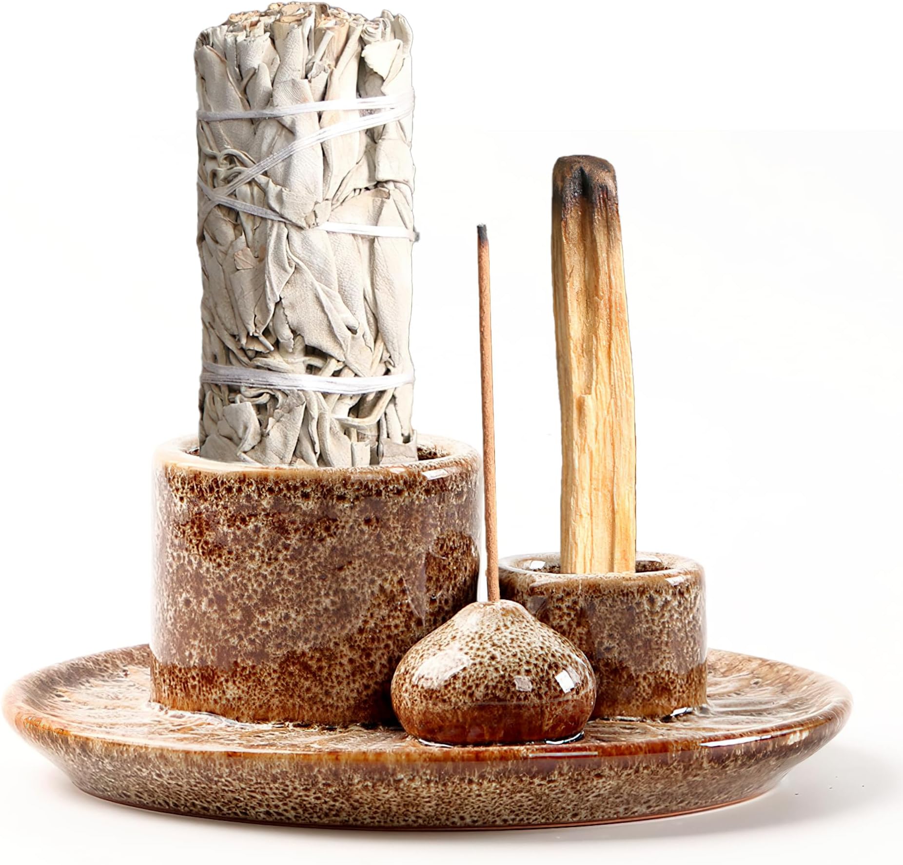 4 in 1 Ceramic Incense Burner, Sage Holder for Burning Bowl, Palo Santo Holder, Incense Holder for Sticks, Smudge Stick Holder(Brown)