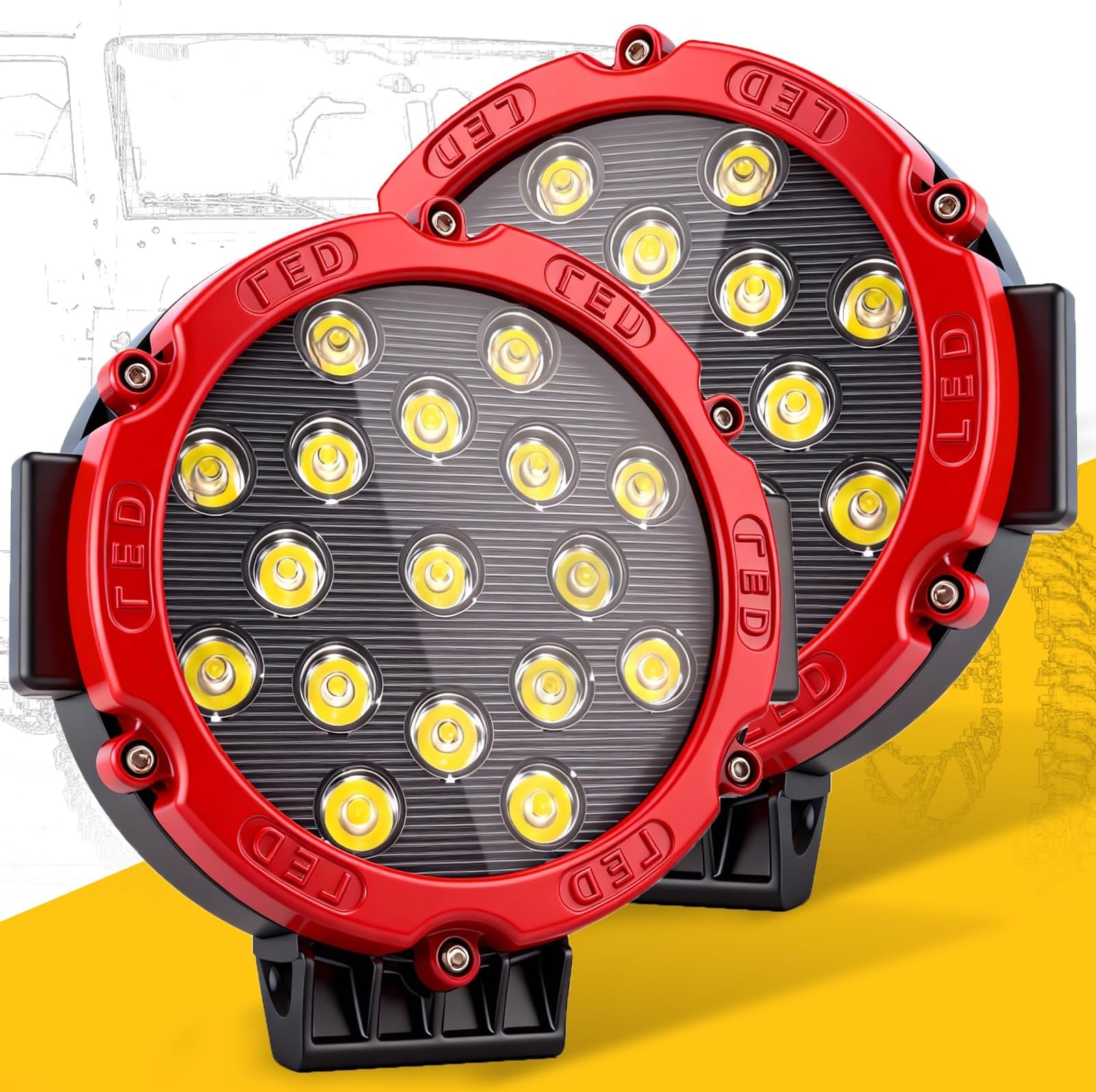 7 Inch Off Road Lights, 5100LM 12-24V LED Driving Light Pods for Tractor, Jeep,SUV,ATV & Truck Bumper pod Lights,2 Pack/Red