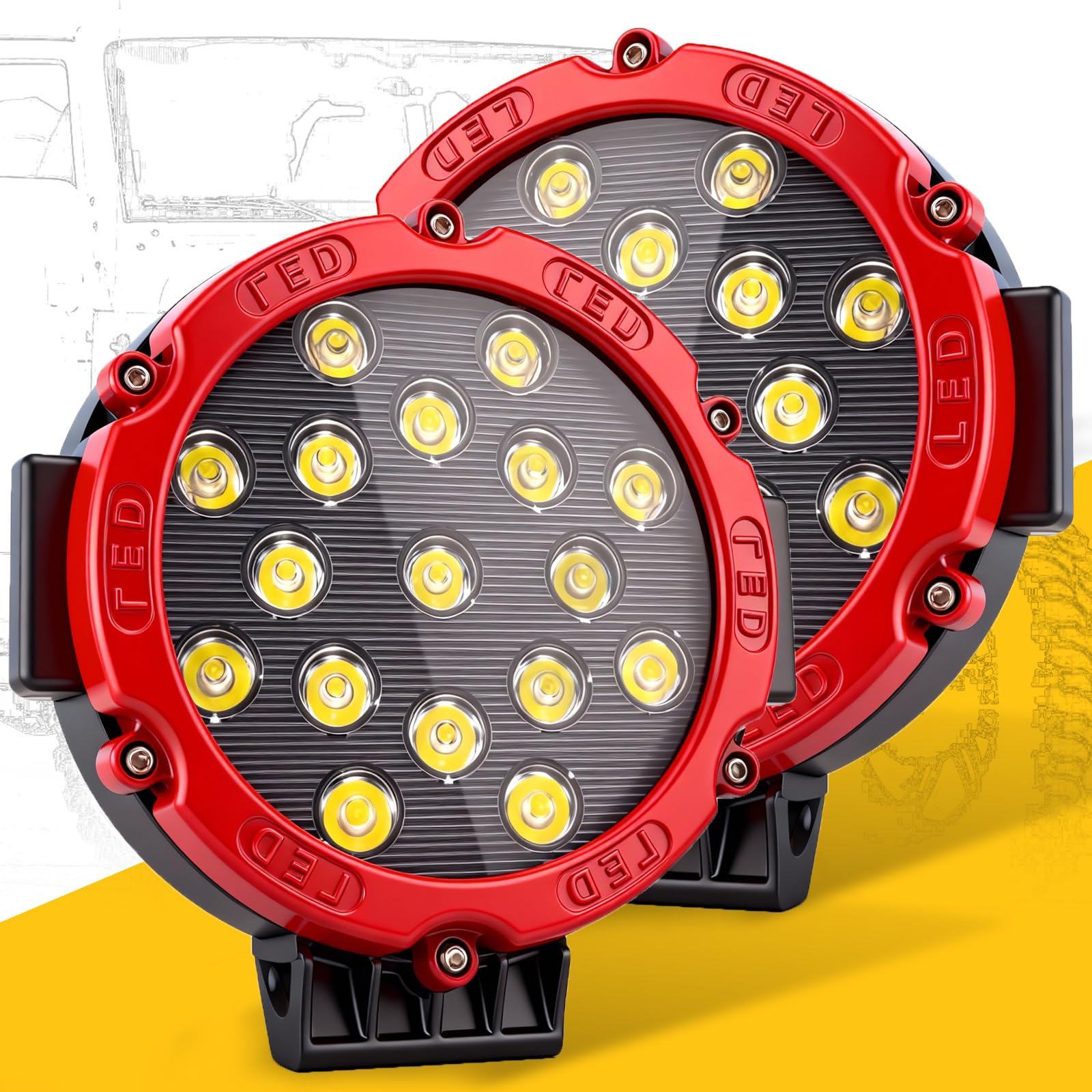 7 Inch Off Road Lights, 5100LM 12-24V LED Driving Light Pods for Tractor, Jeep,SUV,ATV & Truck Bumper pod Lights,2 Pack/Red