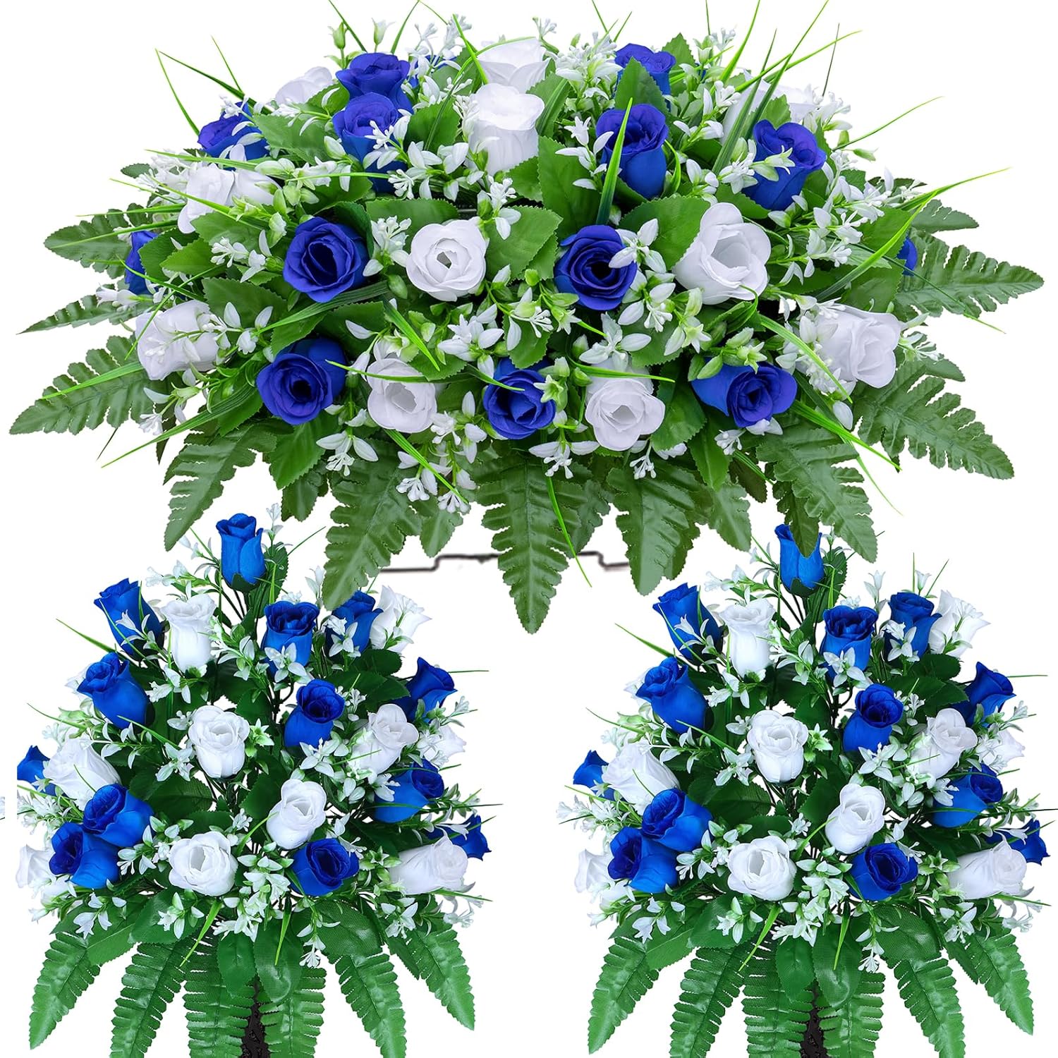 Blue & White Cemetery Saddle with Flower Bouquet – Grave Decor, Memorial Flowers, Funeral Floral Arrangement for Headstone, Tombstone, or Gravesite