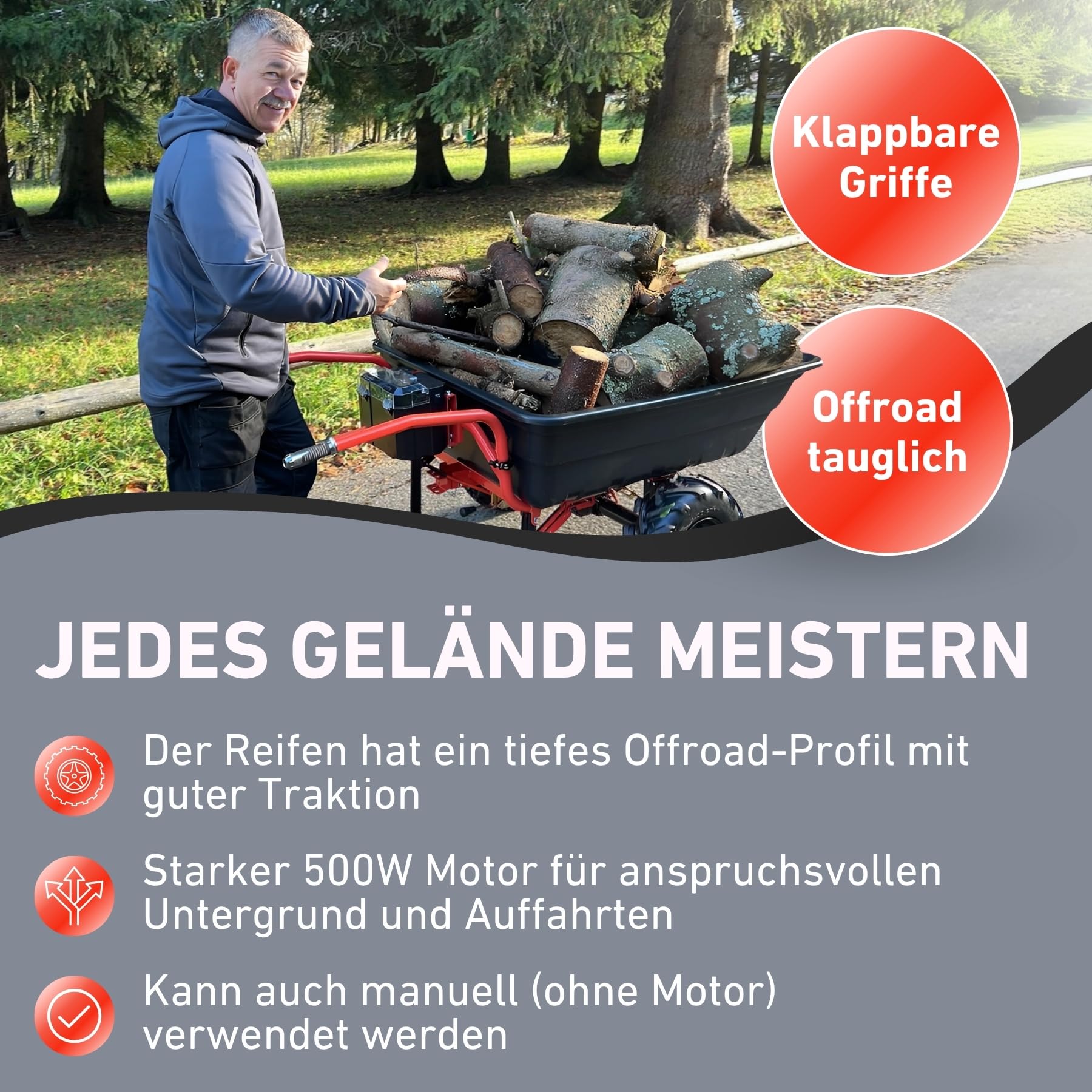 elektrische Schubkarre mit Akku I 300L Mulde & 300kg Traglast I leistungsfähige Motorschubkarre I Offroad-taugliche Akkuschubkarre I 40V Li-Ion mit 6000mAh