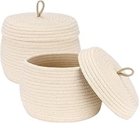 Vista 35 de Sea Team Cesta de almacenamiento redonda de cuerda de algodón con tapa, cesta de almacenamiento tejida con pompones de arcoíris coloridos, maceta