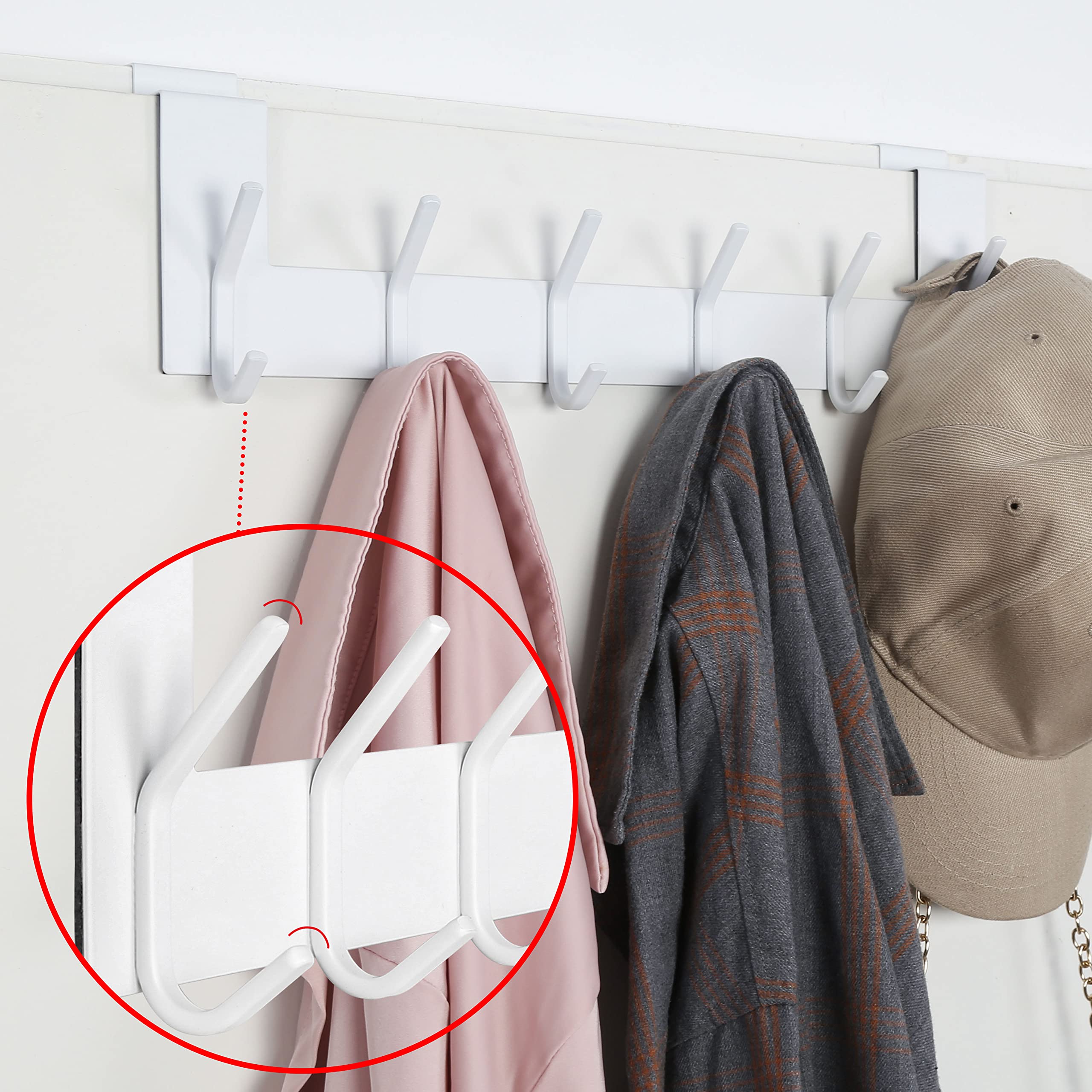 SKOLOO Crochets de porte à suspendre avec 6 crochets, Porte-manteau de porte en métal côté intérieur - Crochets à vêtements pour porte pour porte-serviettes, manteaux, Blanc