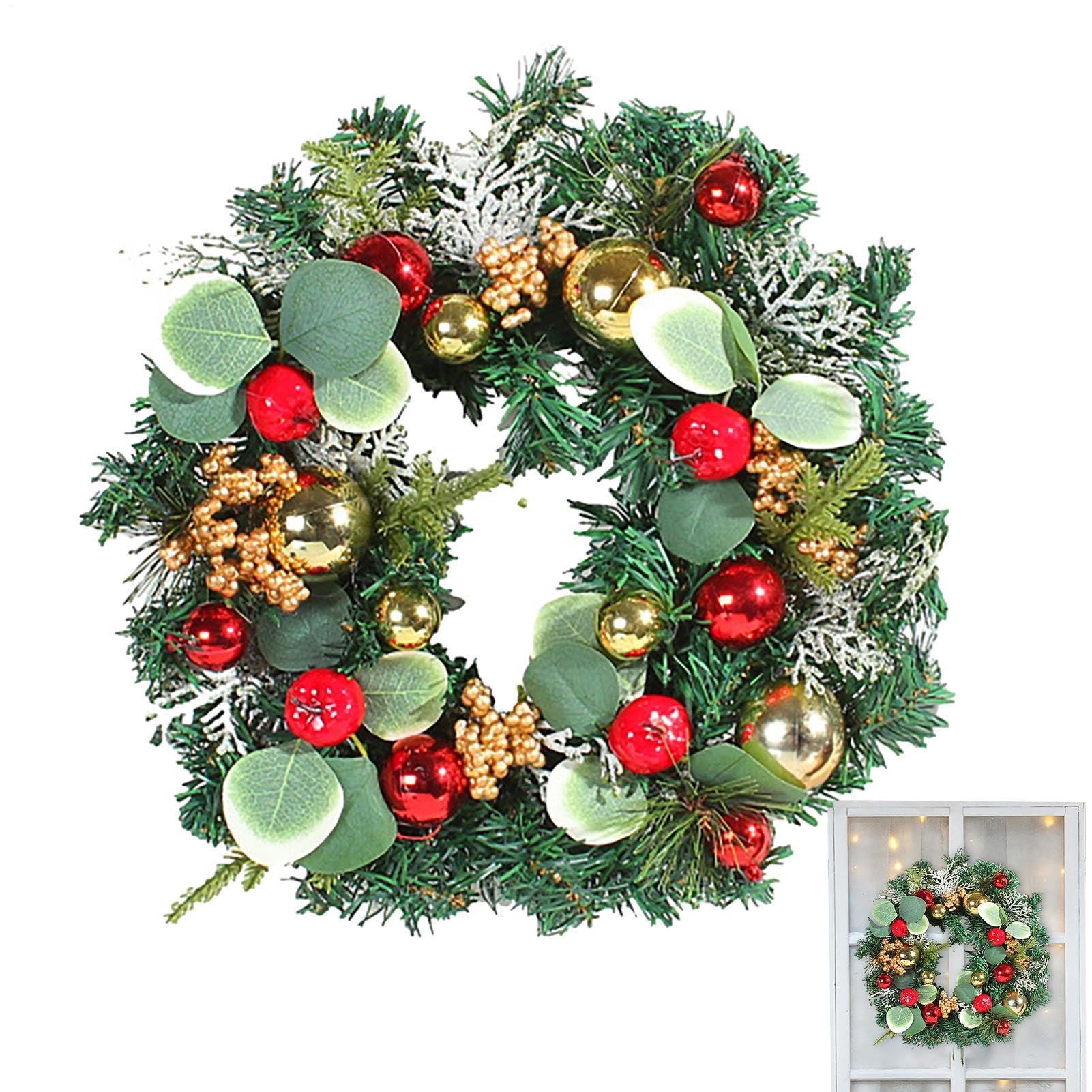 Couronne de porte de Noël artificielle aux baies rouges et aiguilles de pin pour déco de fête