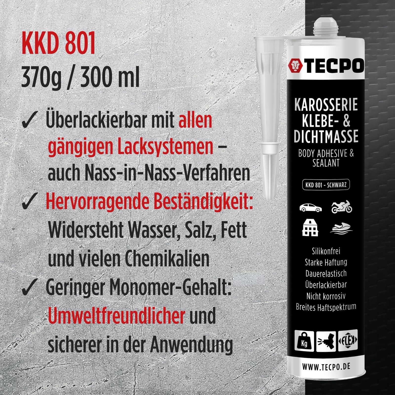 TECPO Klebe- und Dichtmasse, 10x 370g schwarz Karosseriekleber mit Skelett Kartuschenpresse