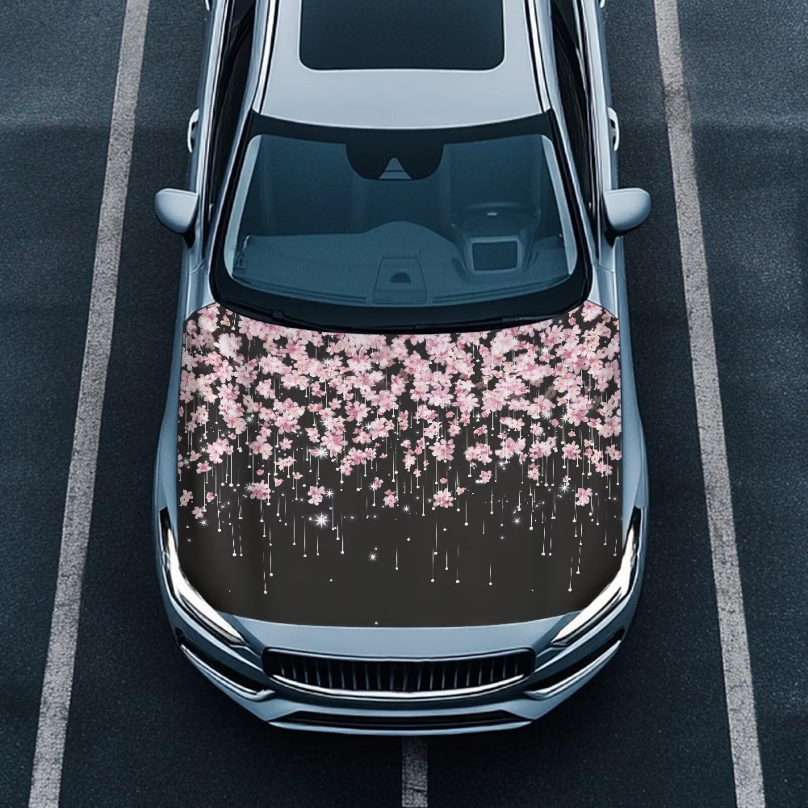 Car Hood Cover Elastic Polyester Car Hood Cover with Cherry Blossom Waterproof Automotive Accessories Suitable Most Automotive Sedans Trucks Pickup Sports Cars