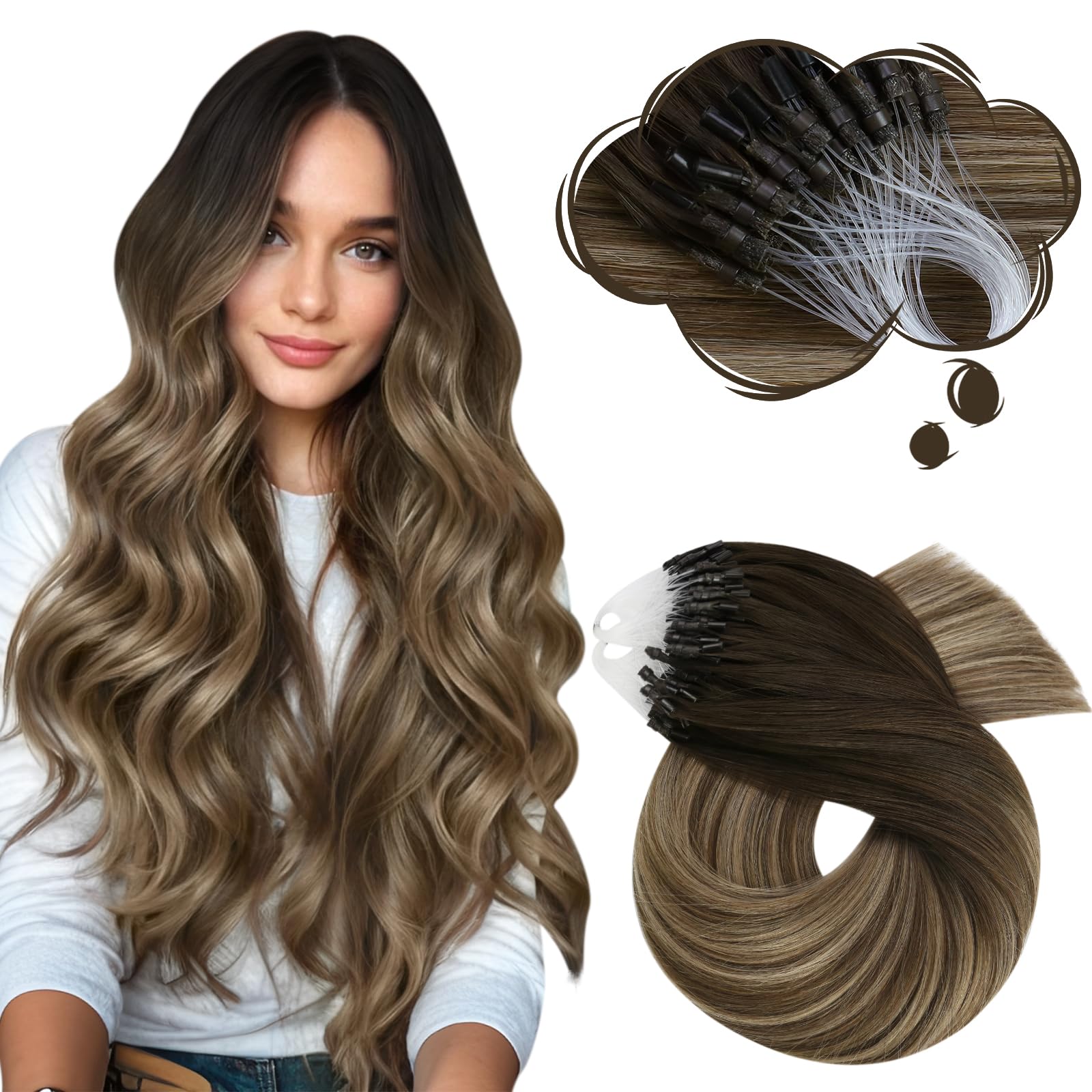 Moresoo Micro Bead Hair Extensions Real Human Hair Balayage Dark Brown to Blonde 18 inch Microlink Hair Extensions Human Hair Dark Brown Silky