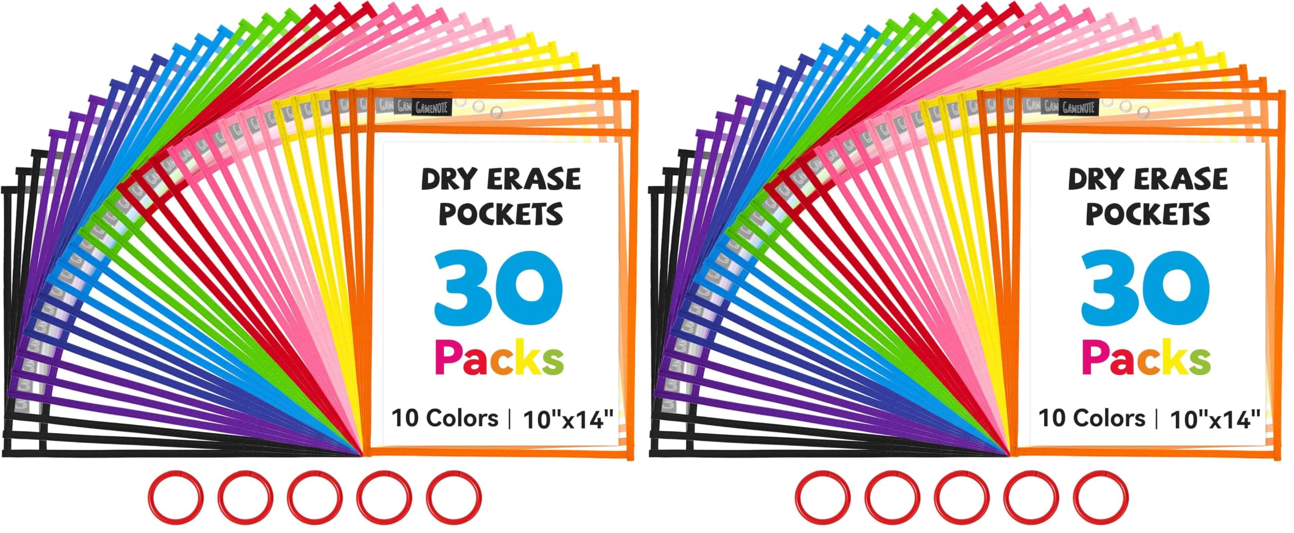 Gamenote 60 Pack Dry Erase Pockets with 5 Rings, 10 Assorted Colors 10x14 Oversized Reusable Plastic Sleeves, Clear Sheet Protectors, Teacher Supplies for Classroom Organization
