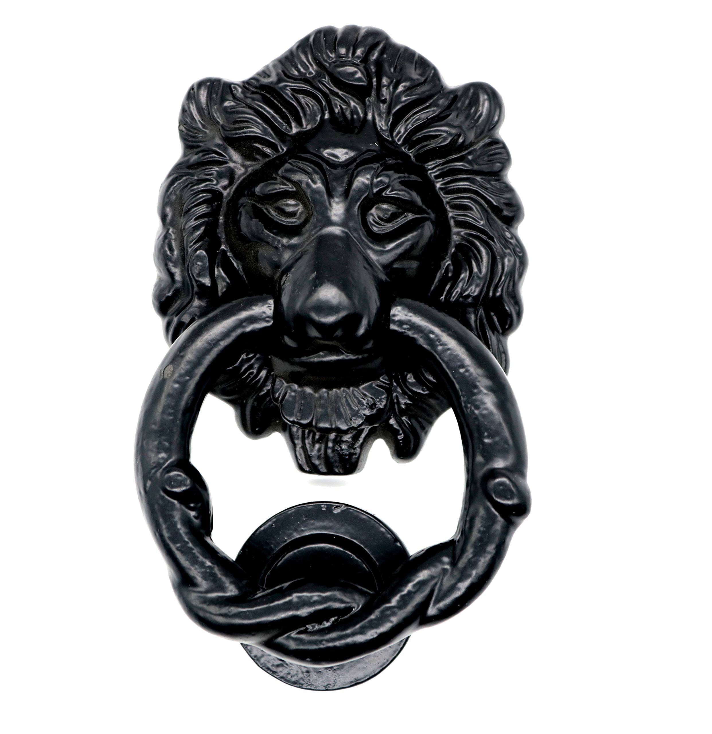 Mythrojan Heurtoir de porte tête de lion en fonte avec vis, style victorien, fabriqué à la main, médiéval, antique, noir, anneau pour porte d'entrée