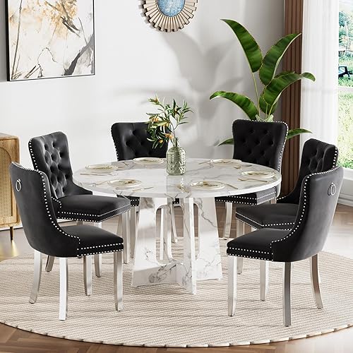Miniatura 31 de Juego de mesa de comedor redonda de 47 pulgadas para 4, mesa de cocina de mármol sintético blanco circular con 4 sillas de comedor tapizadas de Mesa
