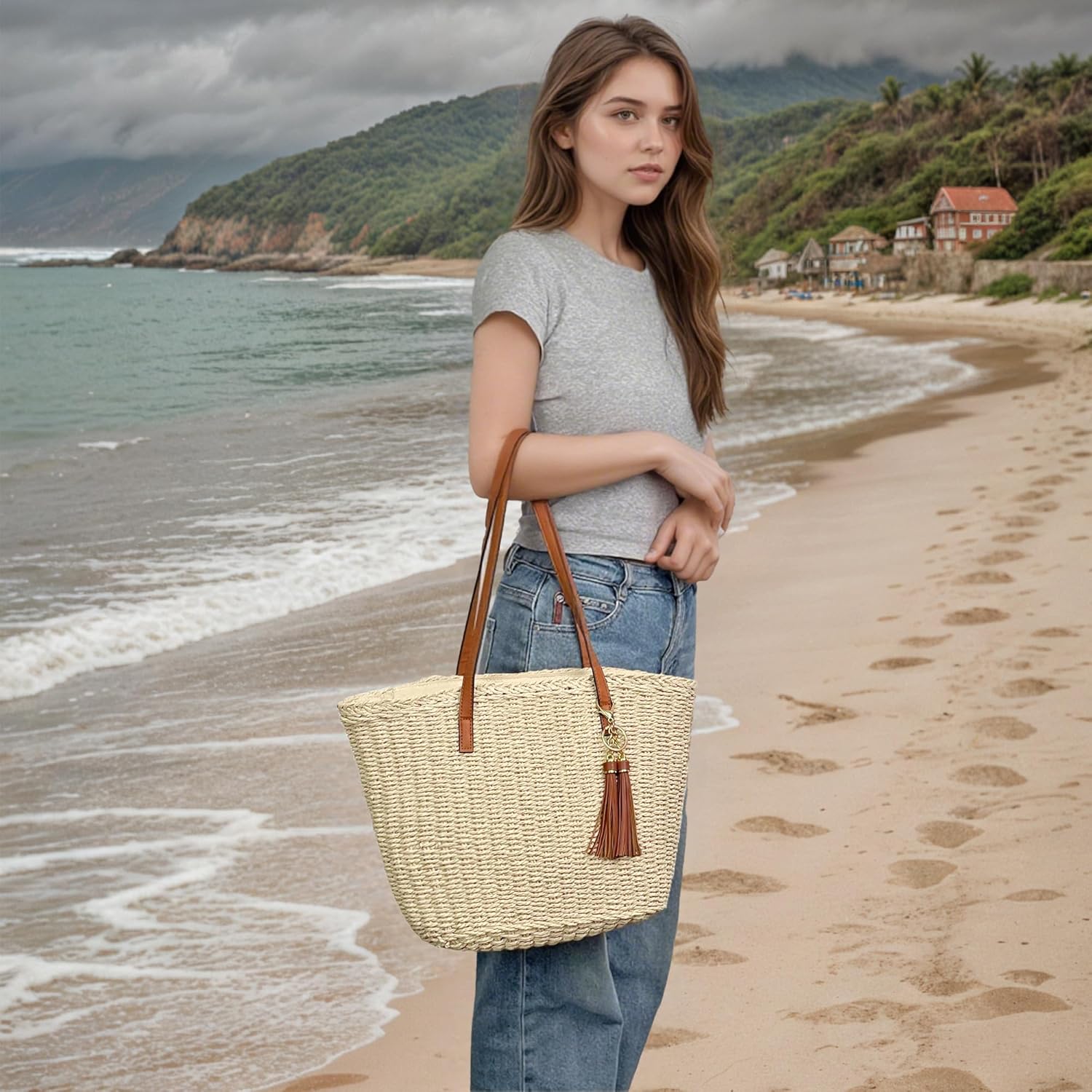 Straw Tote Bag for Women Beach Woven Shoulder Handbags for Summer Travel vacation with Tassel