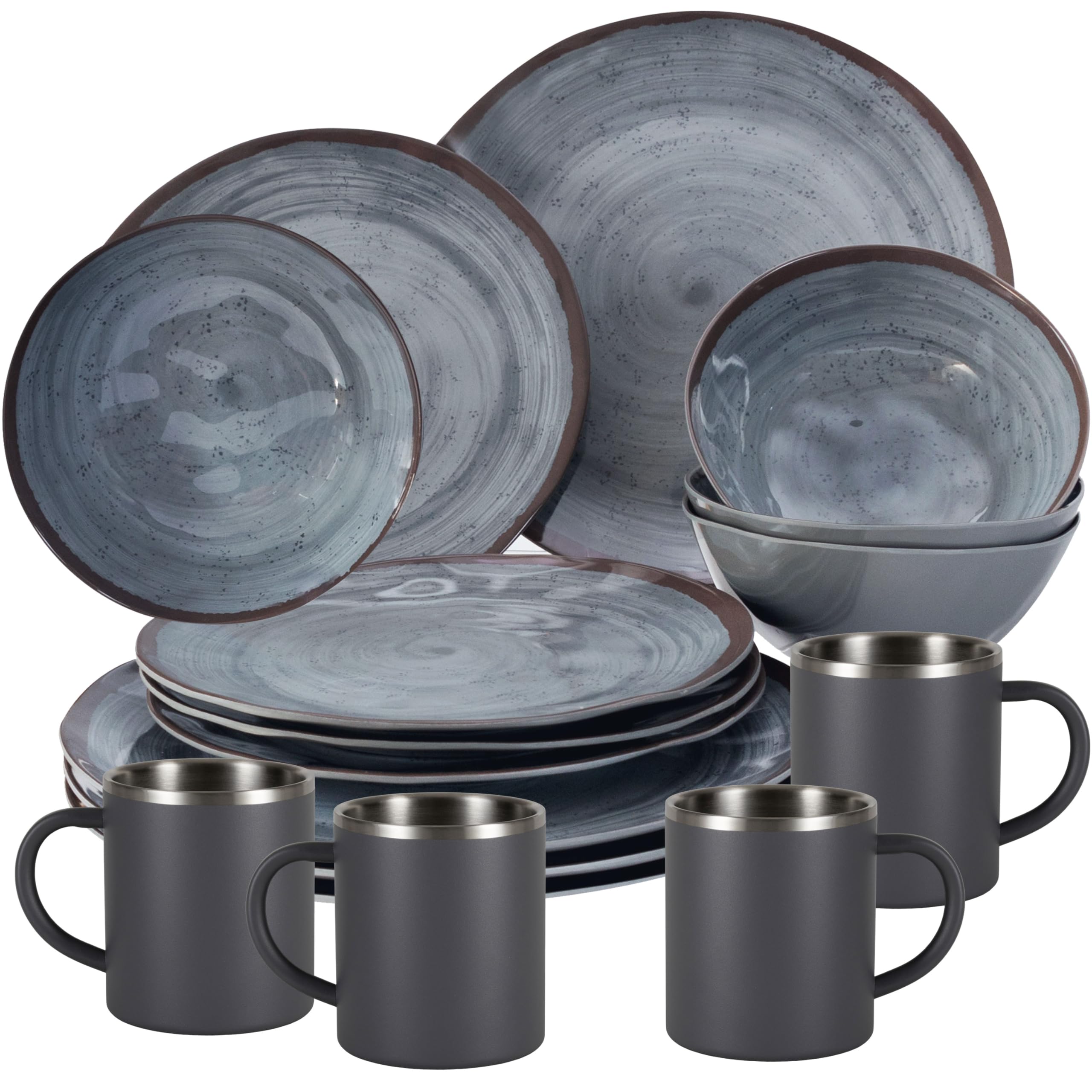Melamin Geschirr Set Grau mit Edelstahl Thermo Tassen doppelwandig - Tonoptik Essgeschirr - Campinggeschirr Picknick ideal für Camping modern Outdoor