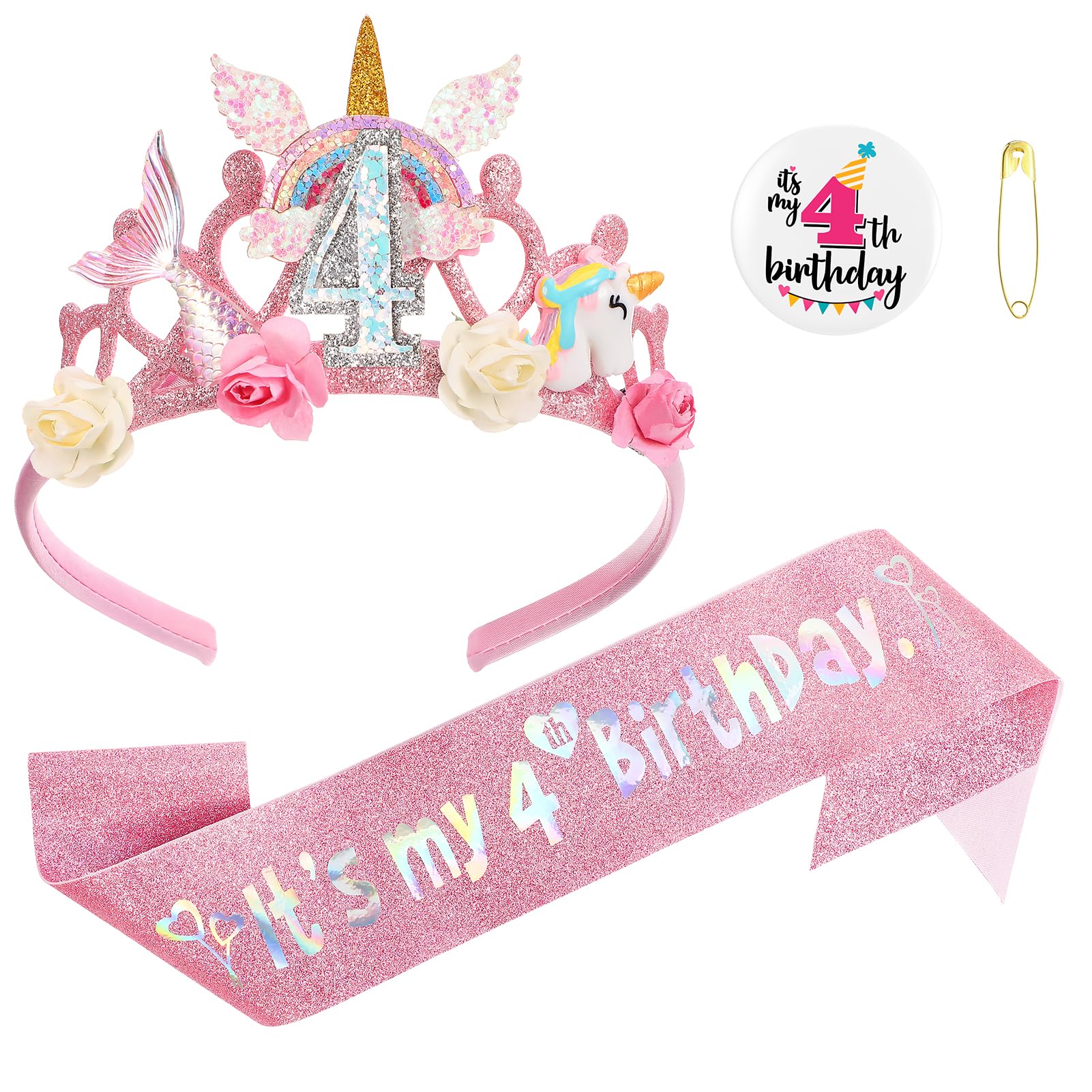 GSrenyu 4th Birthday Decorations for Girls,Headband Glitter Sash and Badge Set for 4 Year Old Girls Birthday Decorations,Flower Princess Crown Headband