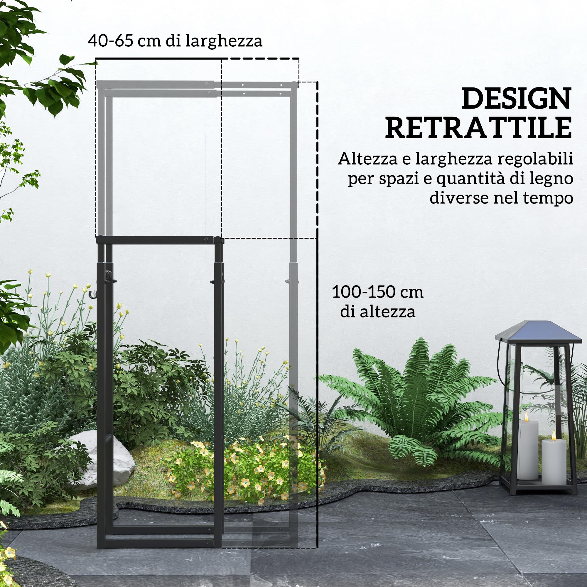Outsunny Portalegna da Interno ed Esterno in Metallo, Legnaia Regolabile in Larghezza e Altezza con Ganci a S, 40-65x25x100-150 cm, Nero