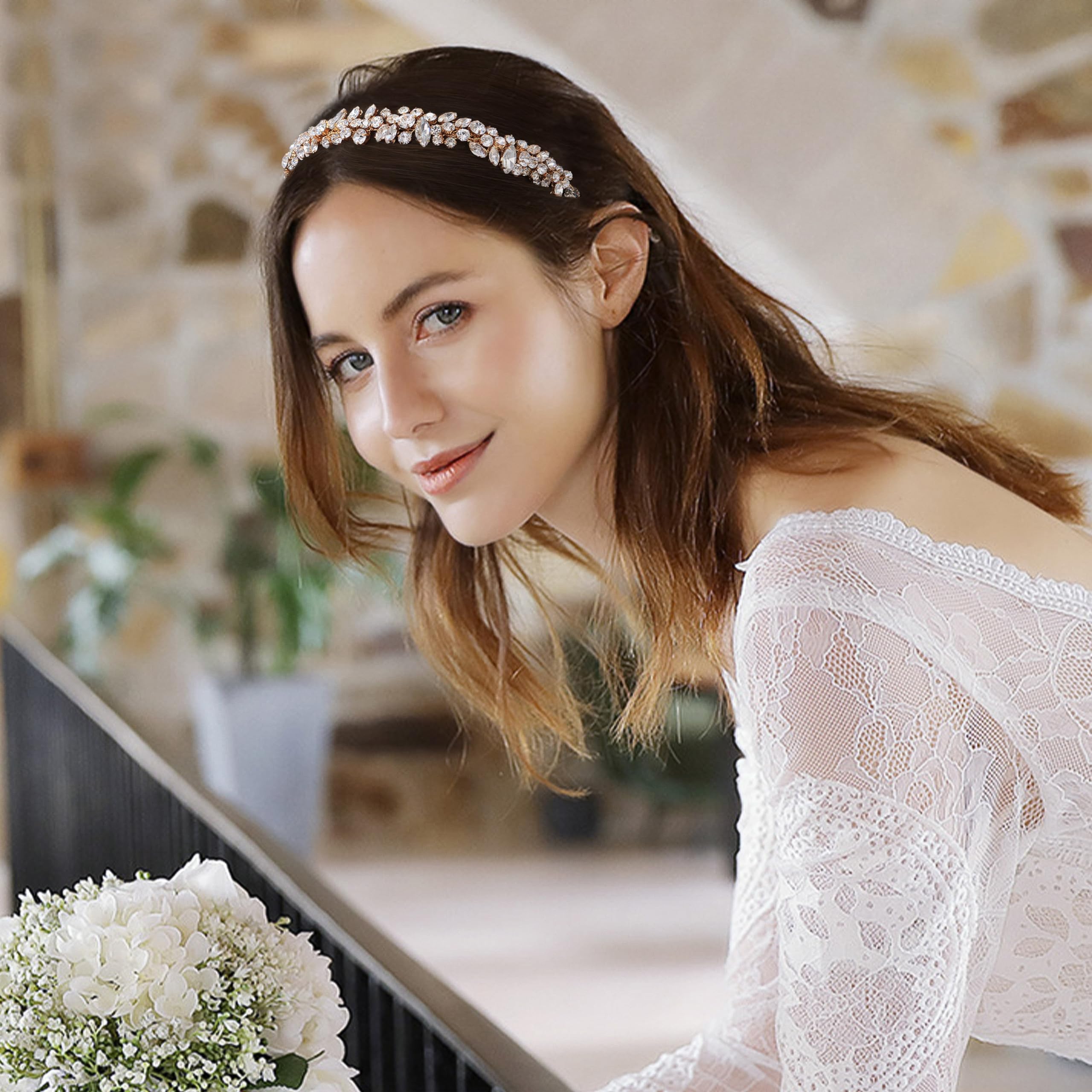Oriamour Kristall-Hochzeits-Stirnband für Braut, Braut-Kopfschmuck für Mädchen, Strass-Haarband für Geburtstag, Party, Abschlussball (Gold)