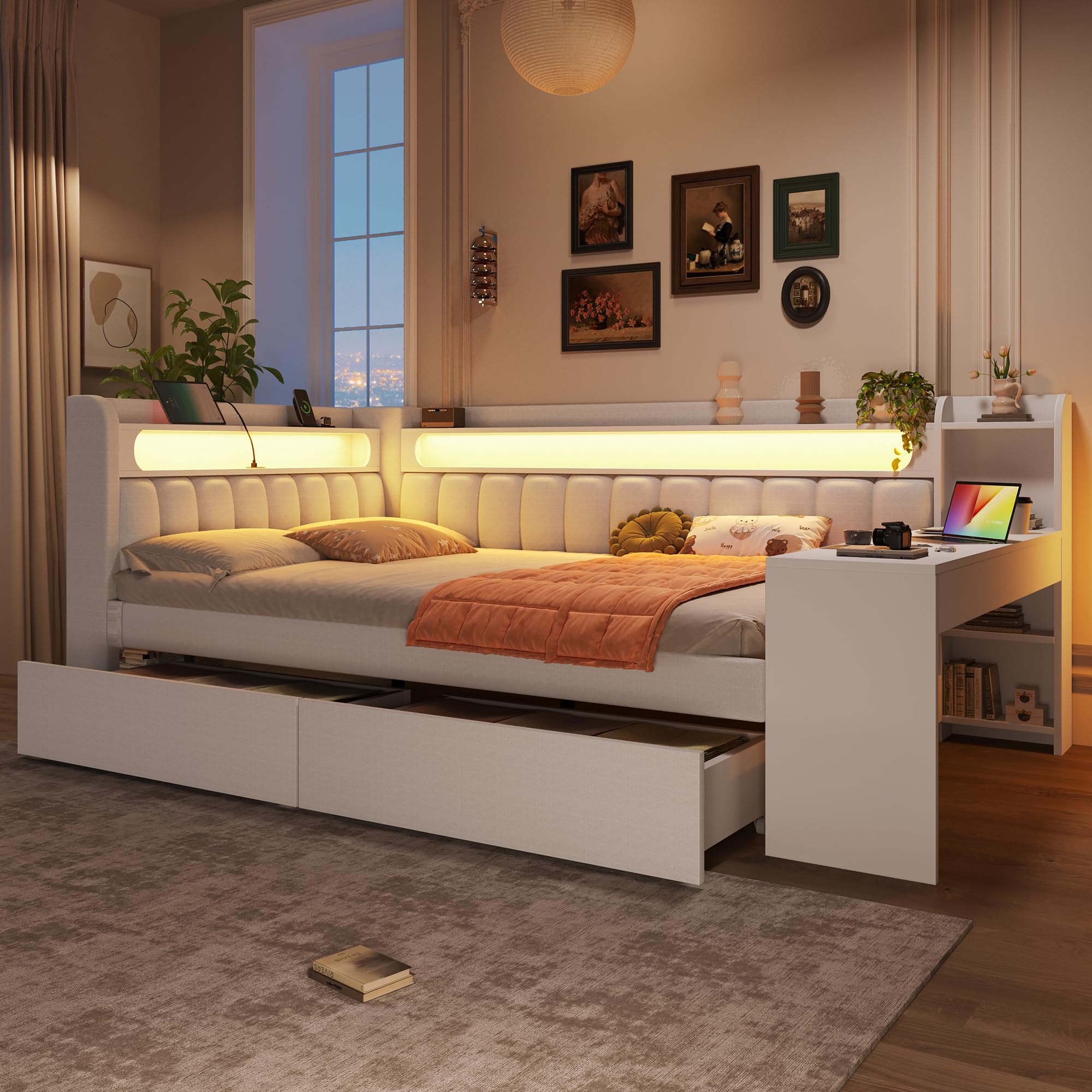 Dolamaní Łóżko młodzieżowe 140 x 200 cm, z USB i LED, łóżko dzienne z biurkiem i wyściełanym zagłówkiem, rama łóżka podwójnego ze stelażem, łóżko dziecięce z miejscem do przechowywania, bez materaca