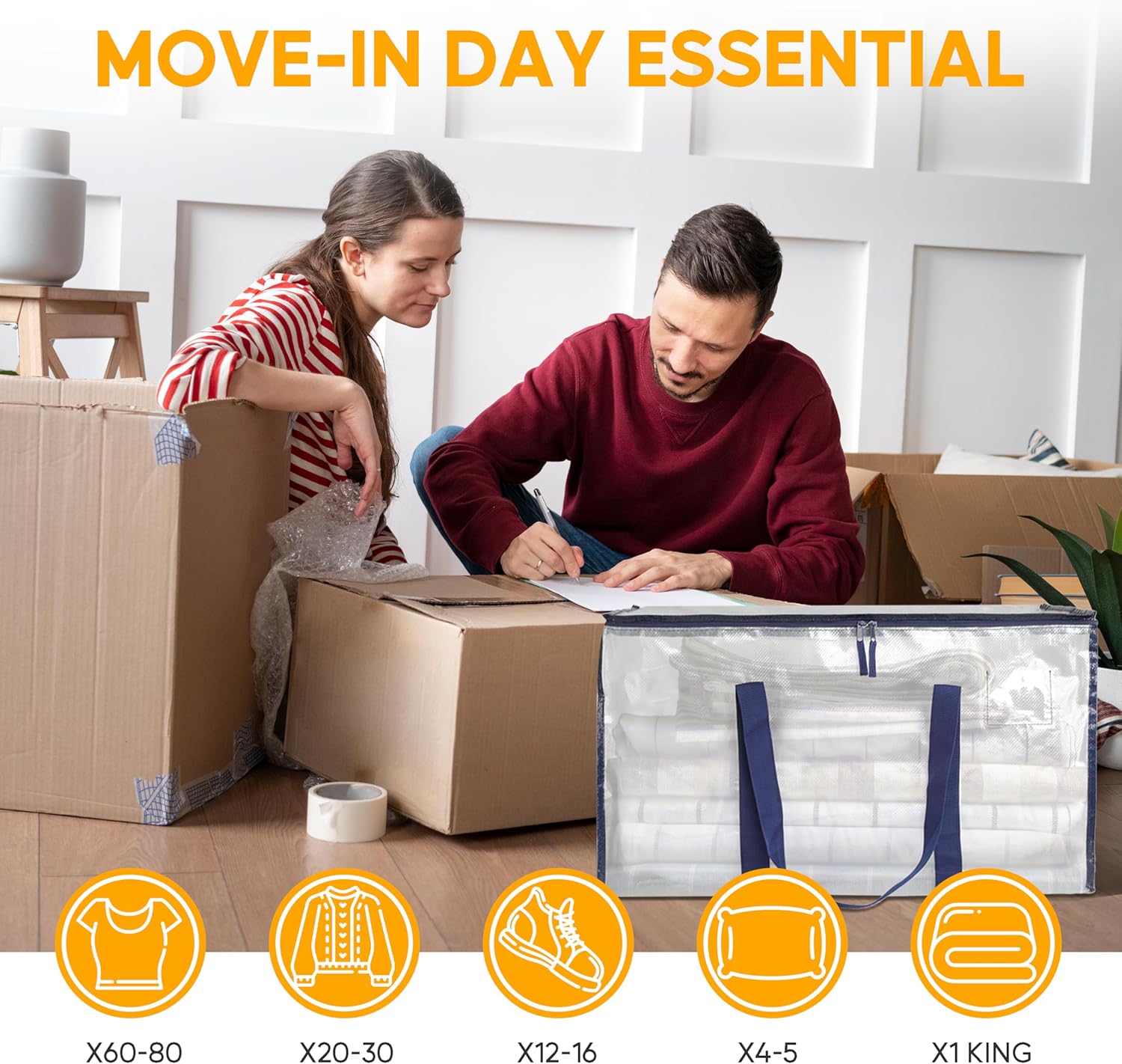 HealSmart 8 Pack Large Moving Bags with Zippers & Handles, Moving Supplies with lids, Heavy Duty Totes for Space Saving, Fold Flat, Moving and Storing, Clear