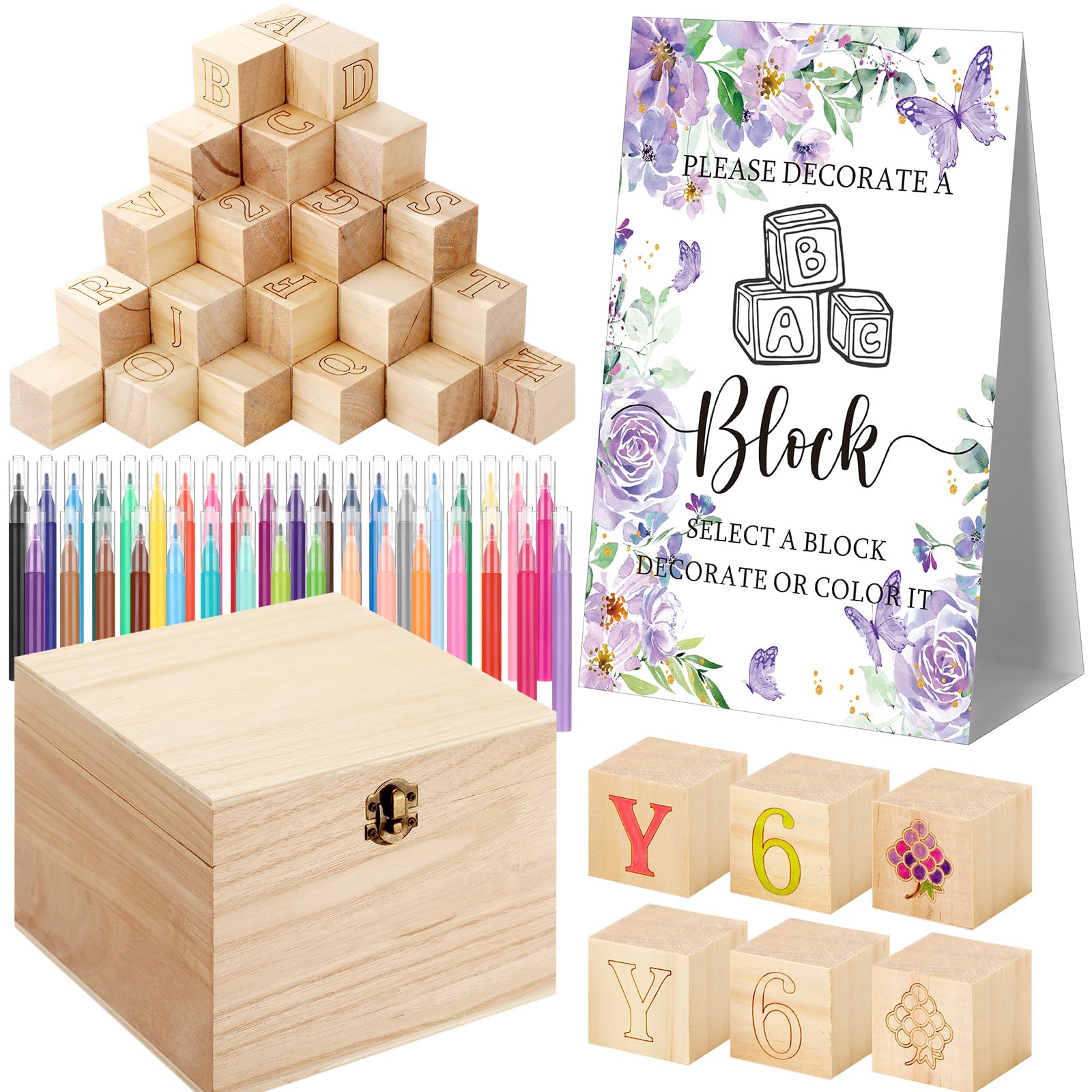 Marsui 136 Pcs Baby Shower Blocks to Decorate Game Kit Includes 98 Wooden Blocks, 36 Markers, 1 Game Sign, 1 Storage Box for Baby Shower Gender Reveal