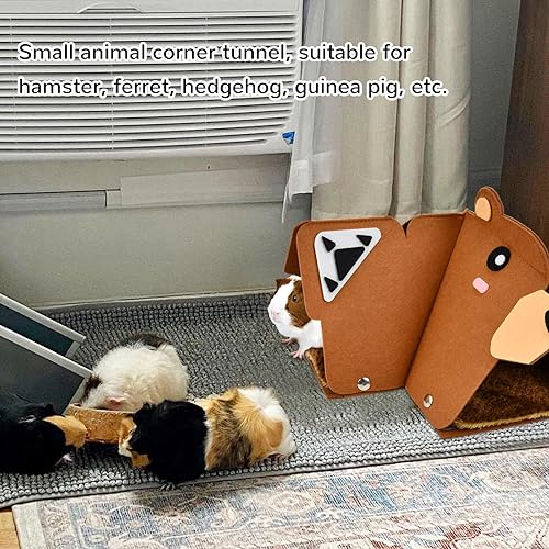Miniatura 6 de Vehomy Túnel de esquina de conejillo de indias, animal pequeño, en forma de L, tubo de túnel en forma de oso marrón, juguete de fieltro de conejillo