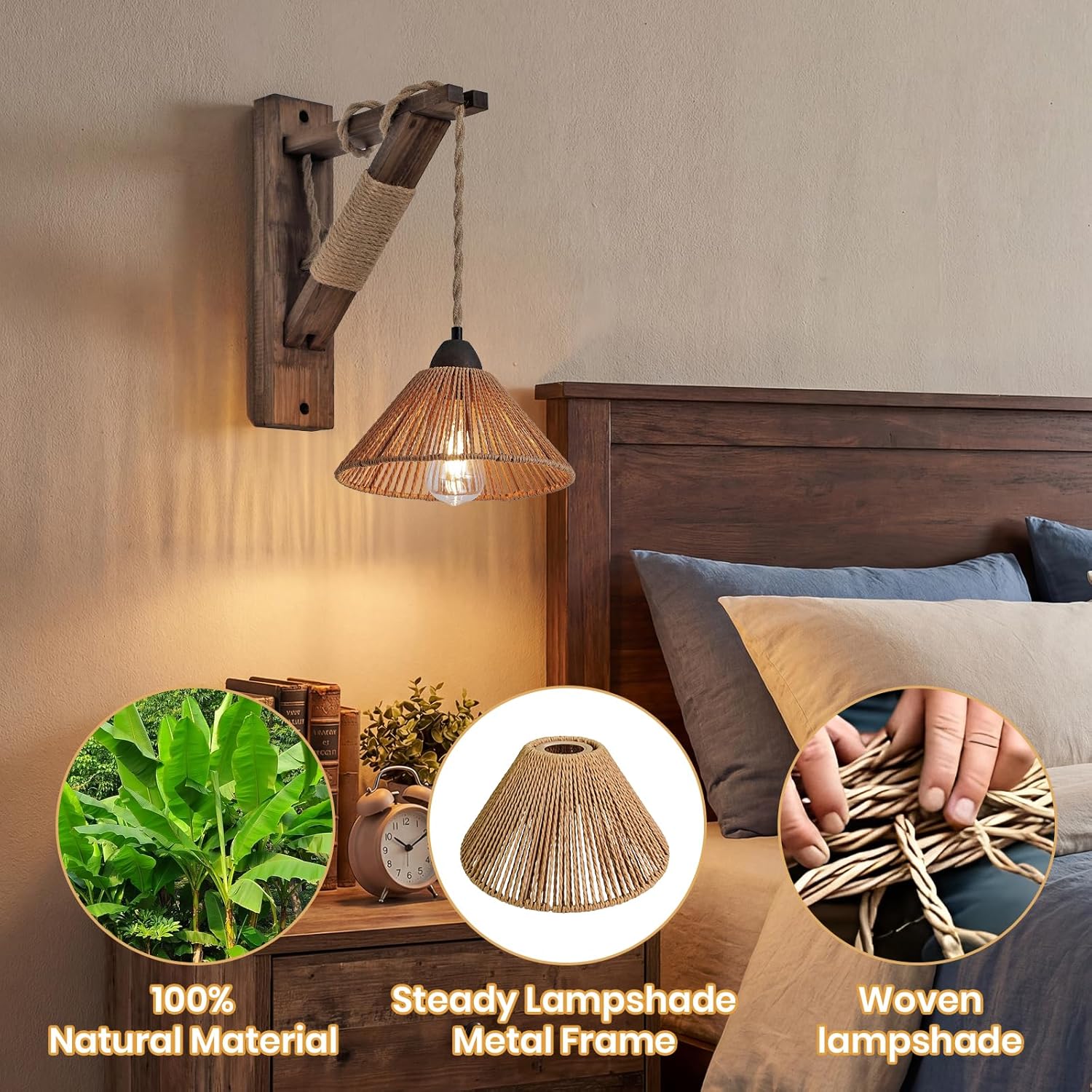 2 Pack Woven Rattan Lampshades, Conical Boho Style Pendant Light Shades, Small Lamp Shade Replacement for Floor Lamps, Pendant Lights, Table Lamps