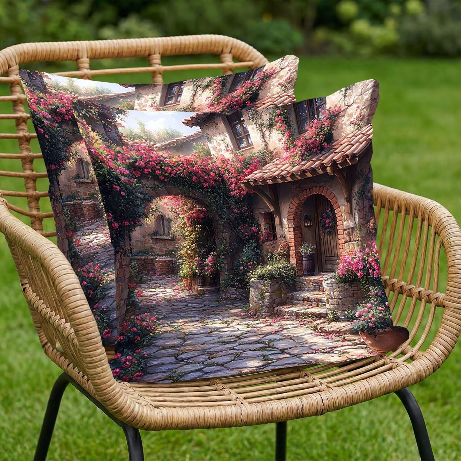 Garten Samt Kissenbezug 60 x 60 cm 2er Set Kissenhülle Sofakissen Samtkissen Dekorative Dekokissen Couchkissen Zierkissen Quadrat Wurfkissenbezug Verstecktem Reißverschluss Wohnzimmer Häuser 0P-363