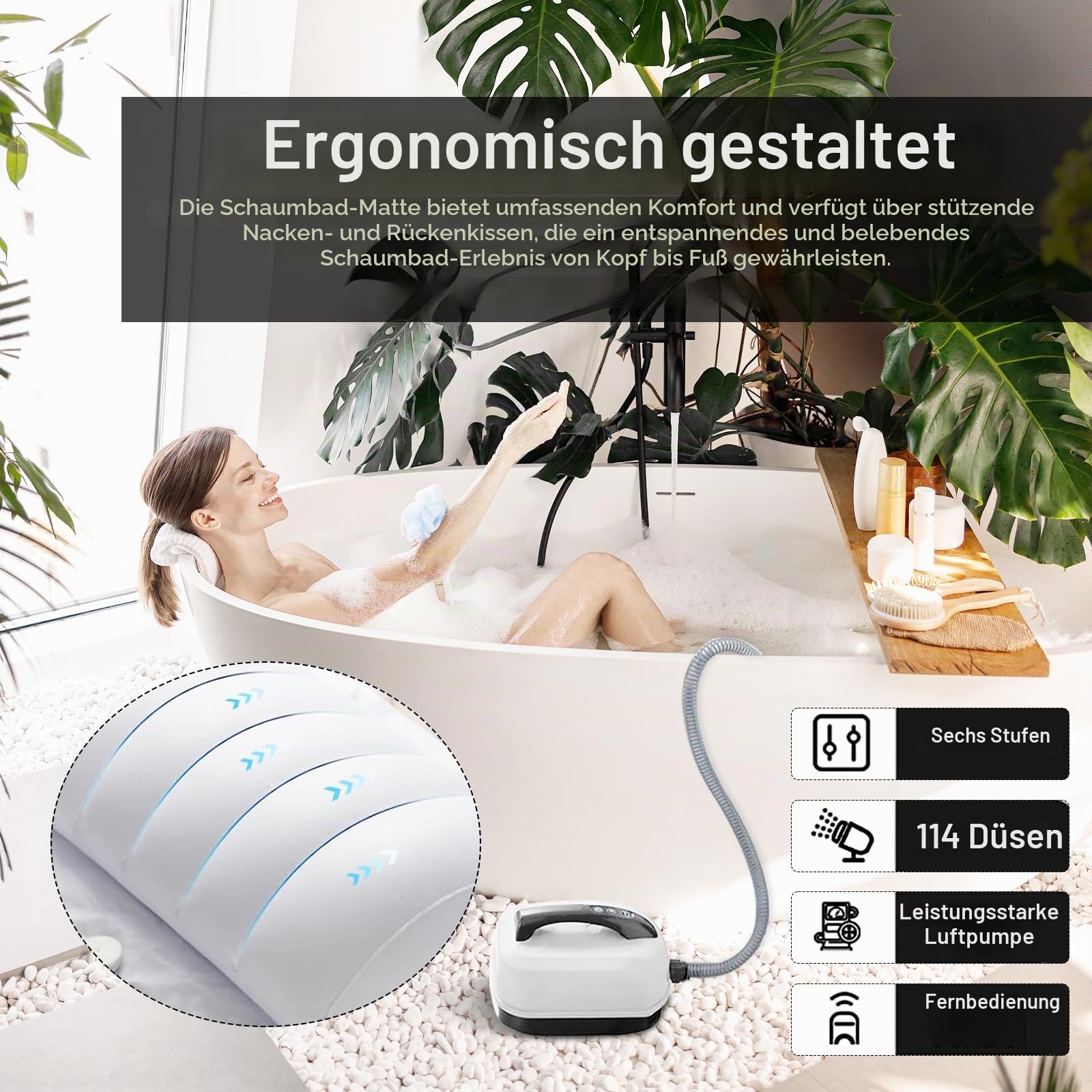 Sprudelmatte Badewanne, Whirlpool Matte für Badewanne Luftsprudelbad 6 Intensitätsstufen Badewannenmatte mit 114 Düsen und Kissen Spa Badewannenzubehör für Spa Baden