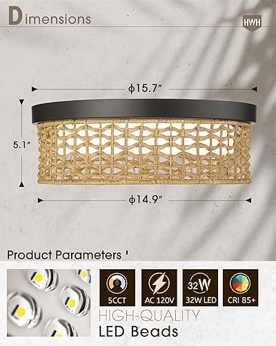 Miniatura 2 de Lámpara de techo de ratán de 16 pulgadas, HWH LED empotrada, 32 W, lámpara de techo tejida bohemia para dormitorio costero