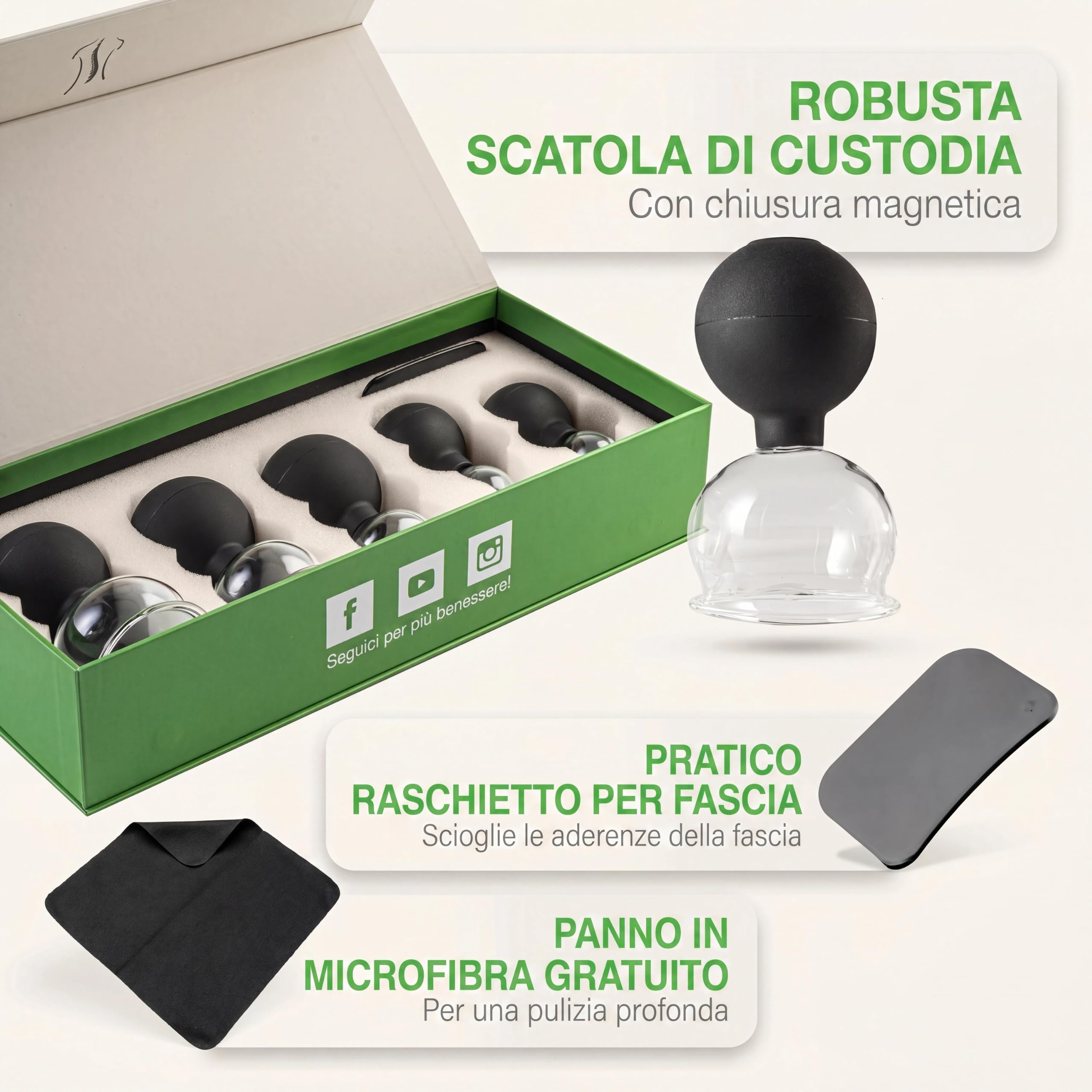 BACKLAXX® Set Coppettazione in Vetro con Ventosa e Raschietto | Coppette Massaggio Anticellulite per Corpo e Viso | Cupping Therapy con eBook e Video Corso