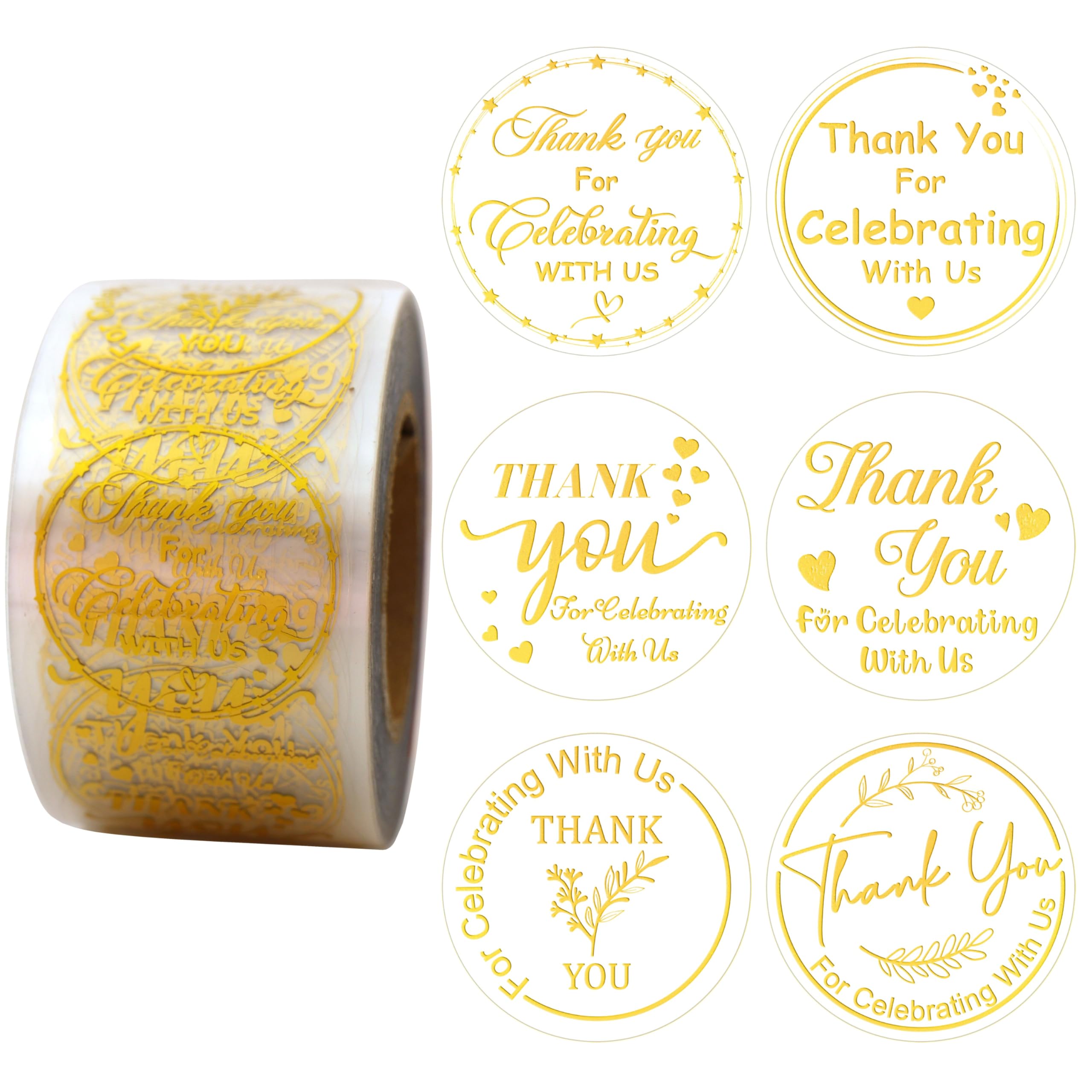 Masper Thank You for Celebrating with Us Stickers, 1.5 Inches, 600 Sheets, 6 Waterproof Transparent Gold Foil Shiny Designs, Thank You Stickers for