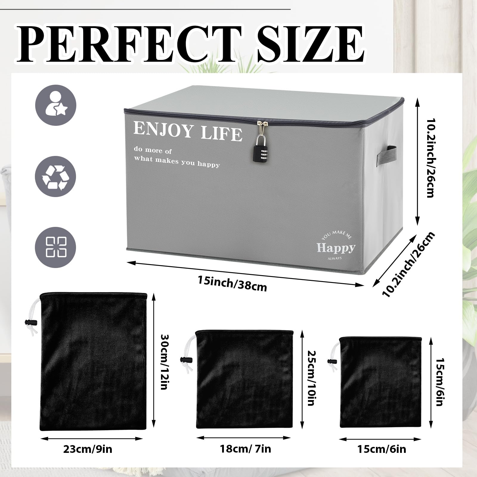 Cinnvoice Toy Storage Bag Organizer Case and 9 Pcs Drawstring Bags with Metal Combination Lock for Adult Toy, Game, Travel Gear Organization