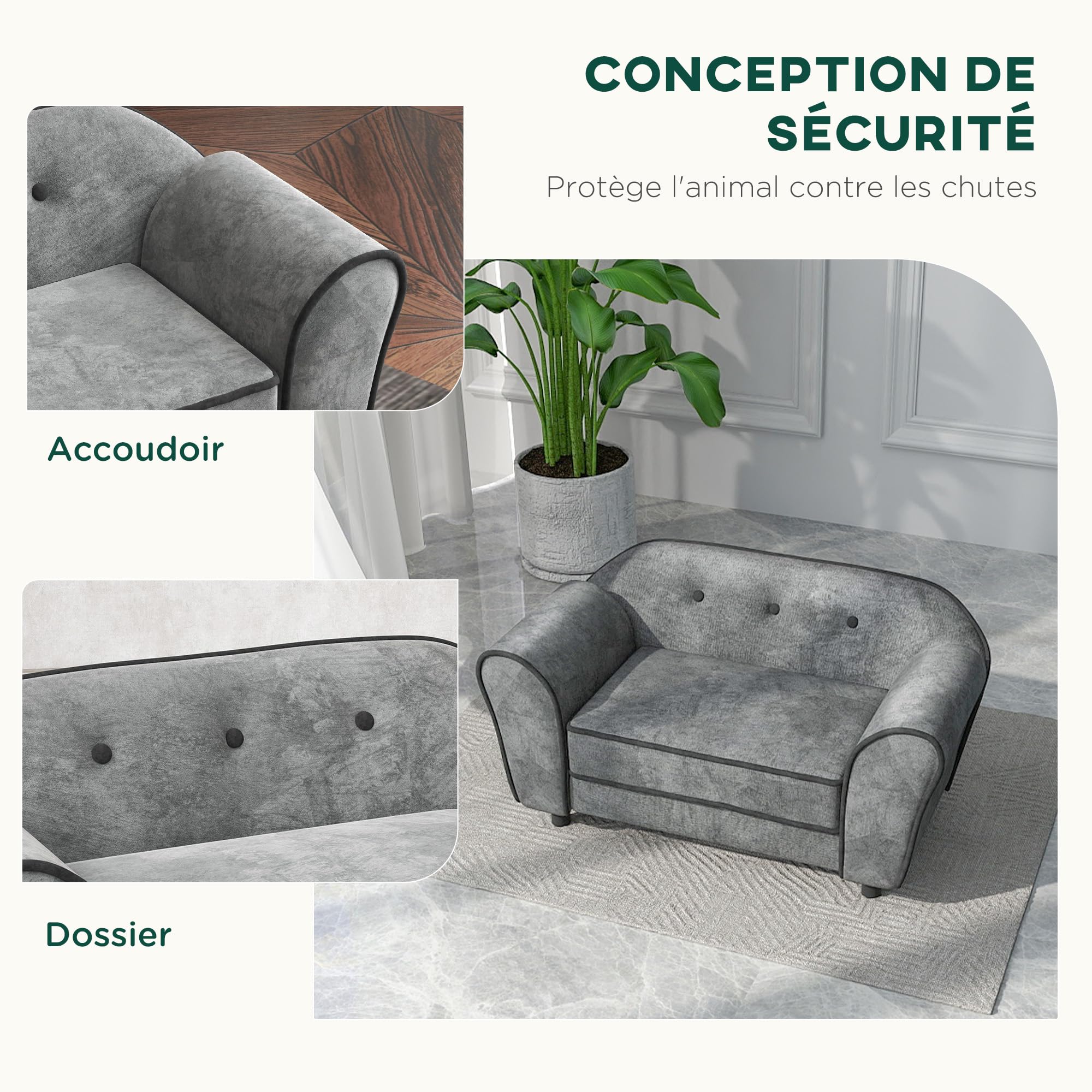 PawHut Canapé pour Chien, canapé pour Chat, Dossier capitonné au Toucher Velours néerlandais, Housse de Coussin Lavable, canapé pour Animaux domestiques, 74 x 41 x 32,5 cm, Gris