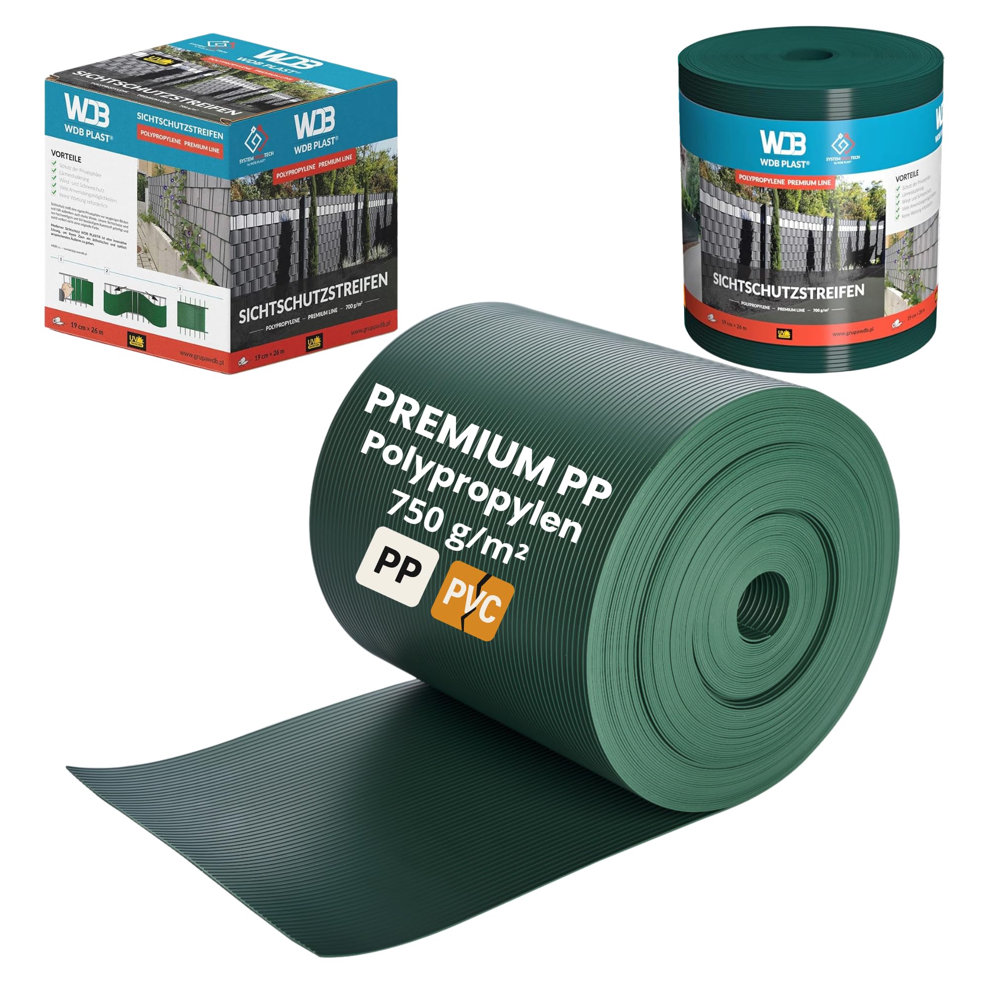 WDB - Sichtschutzstreifen für Doppelstabmatten Sichtschutz Zaun - 19 cm x 26 m - Hart PP Windschutz Premium Line - Grün - RAL 6005