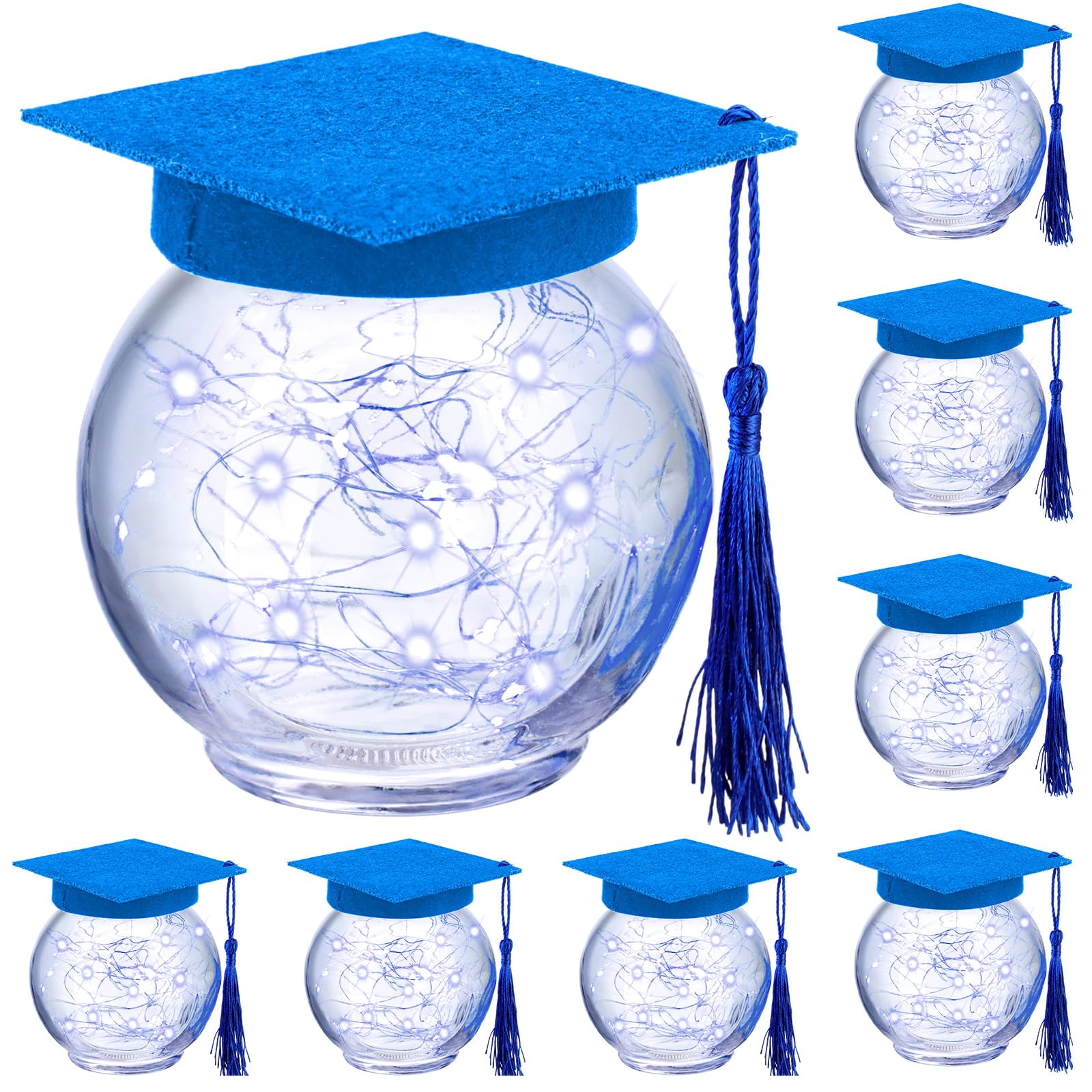 Photo 1 of WILLBOND 8 Sets 2026 Graduation Table Centerpieces Decorations with LED Lights, Blue Mason Jars Graduation Cap Decorations for Class of 2026 College High Middle School Grad Party Supplies Gifts