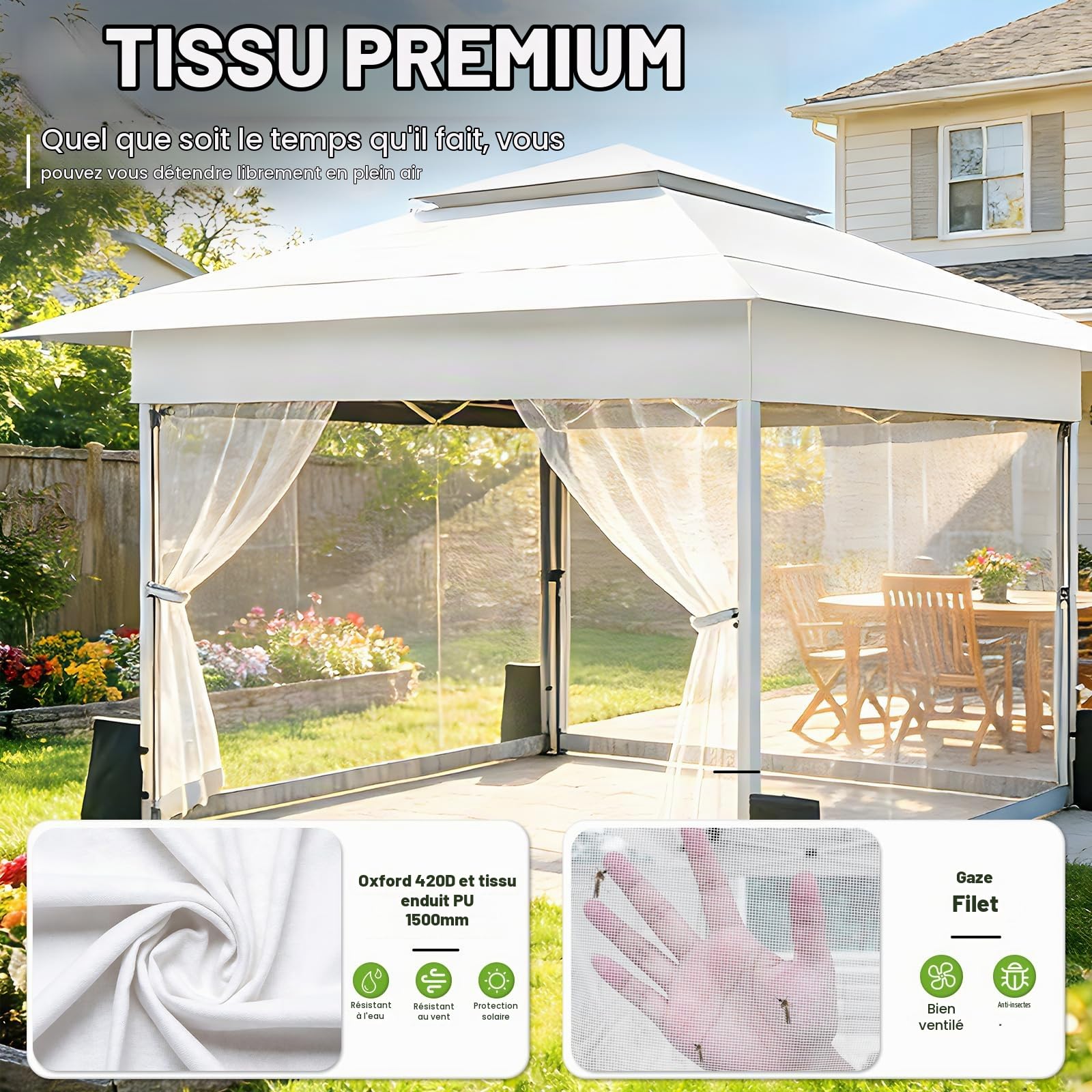 Tonnelle de Jardin 4x4m,Tente Pliante de Exterieur Pop-up avec Moustiquaire、4 Sacs de Sable、Sac de Roulant,Tonnelle Pliante Imperméable，Anti UV，Respirable，Tente de Camping,Barnum，Blanc