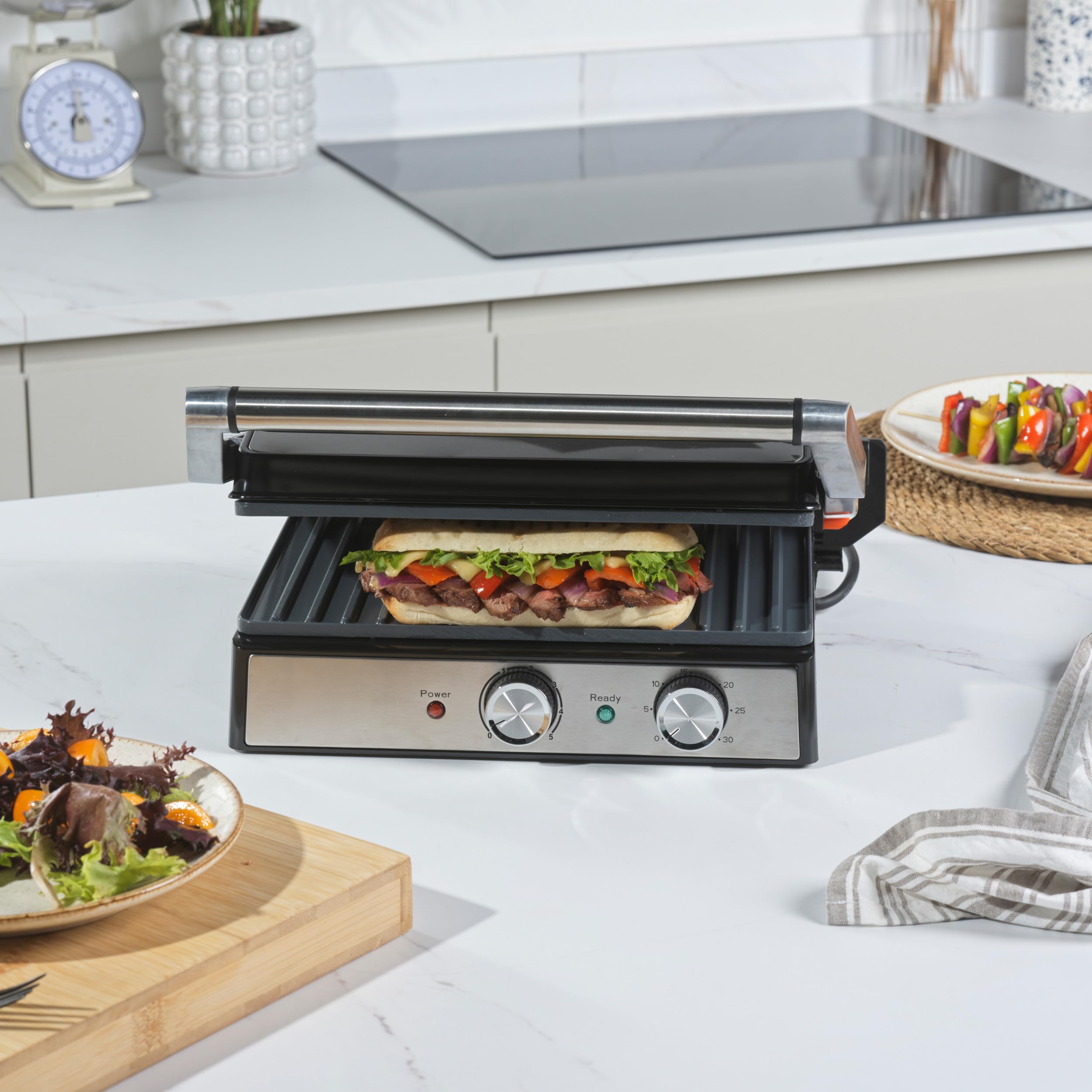 Salter Duży elektryczny grill zdrowotny – talerze ceramiczne otwierane na płasko dla dodatkowej przestrzeni, bez PFAS, toster do kanapek ze stali nierdzewnej i prasa do panini, taca na nadmiar oleju